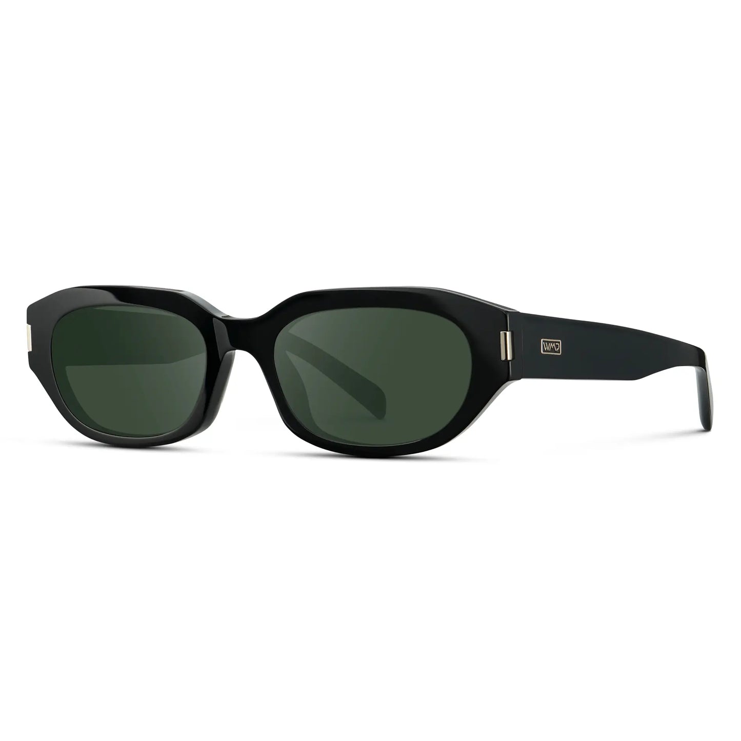 Black / G15 || Side view of Women's Oval Prescription Sunglasses with Black Frame and Green Lenses on a white background