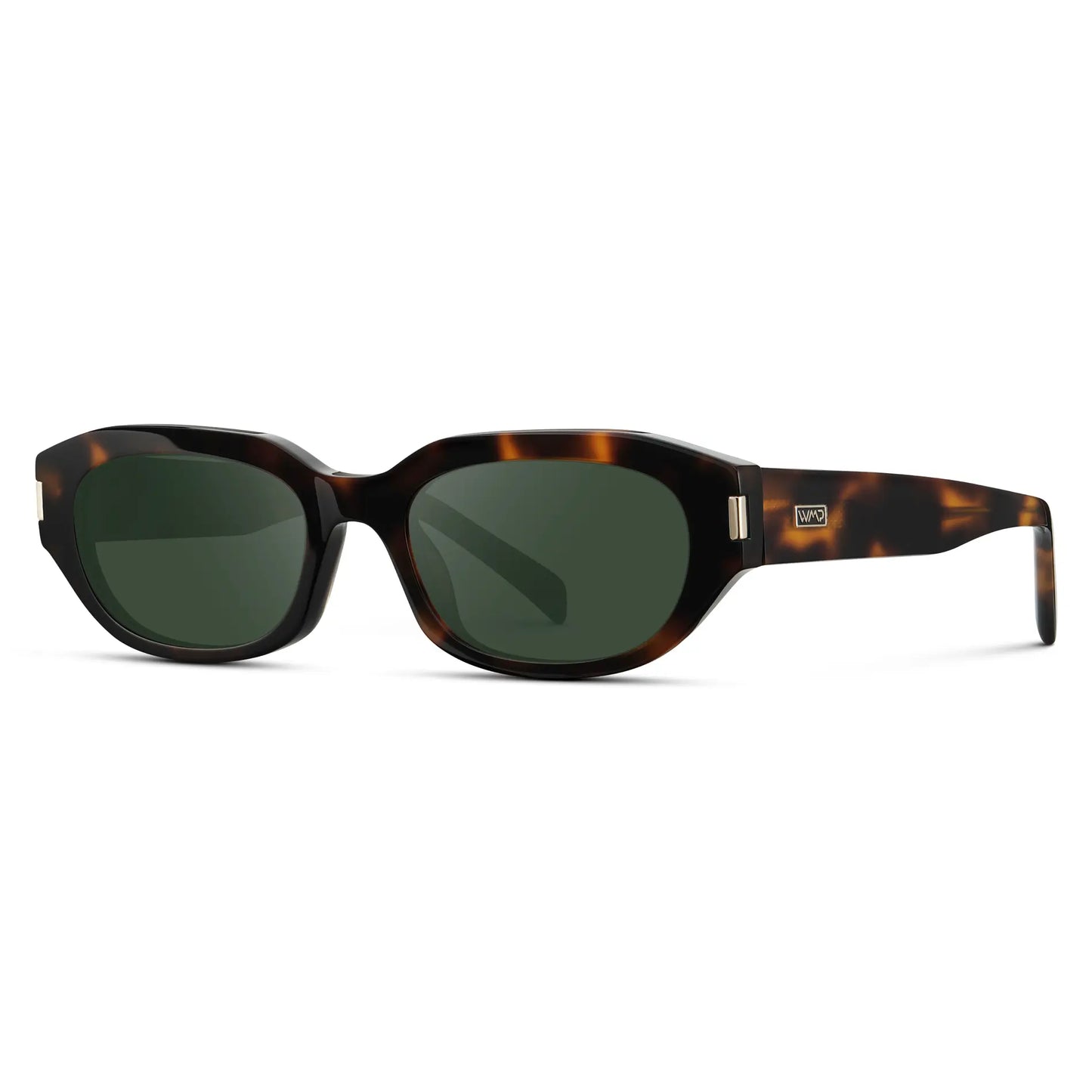 Brown Tortoise / G15 || Side view of Women's Oval Prescription Sunglasses with Brown Tortoise Frame and Green Lenses on a white background