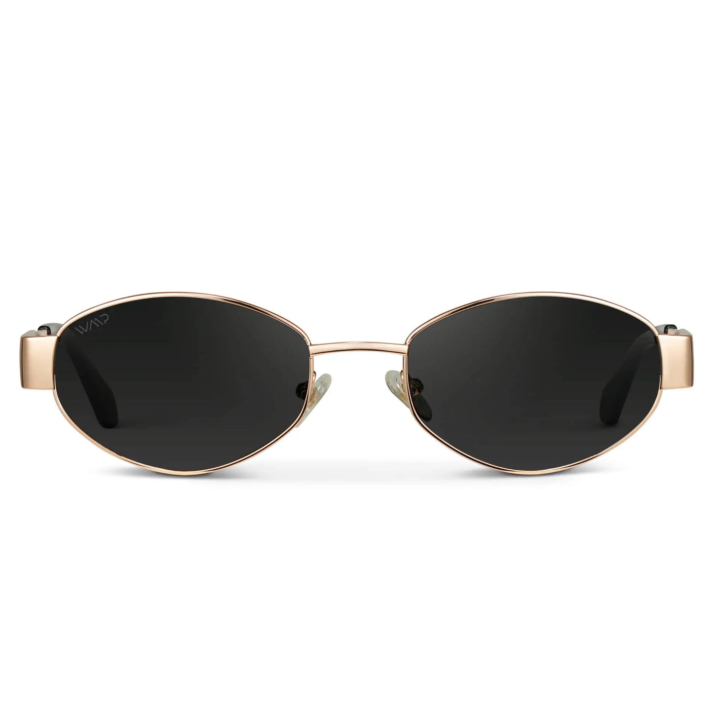Gold / Black Lens || Women's Trendy Oval Shape Gold Metal Stainless Steel Frame Sunglasses with Black Lenses