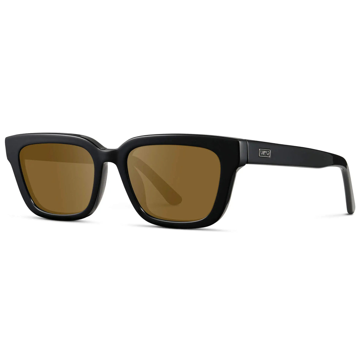 Black / Amber || Side view of Women's Rectangular Prescription Sunglasses with Black Acetate Frame and Brown Prescription Lenses on a white background