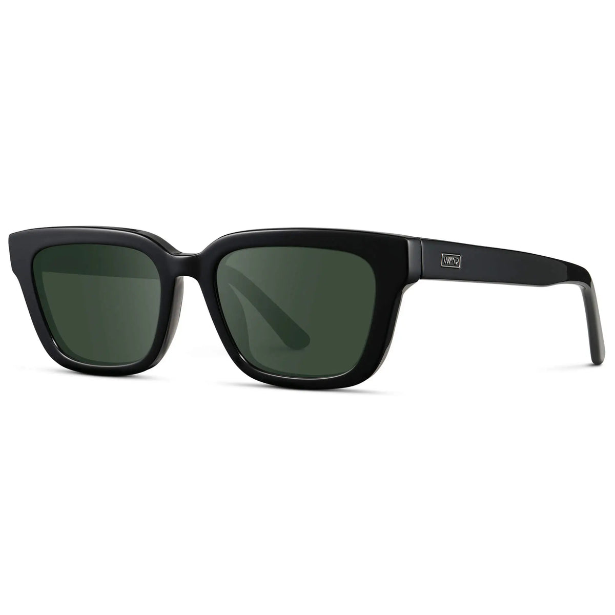 Black / G15 || Side view of Women's Rectangular Prescription Sunglasses with Black Acetate Frame and Green Prescription Lenses on a white background