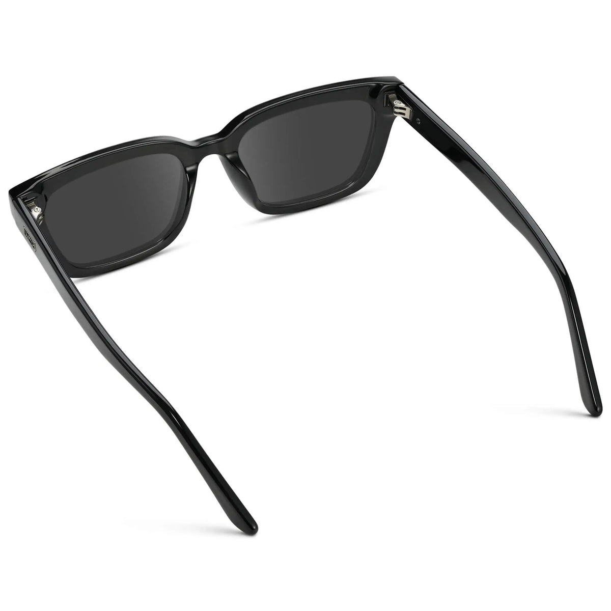 Black / Grey || Back view of Women's Rectangular Prescription Sunglasses with Black Acetate Frame and Grey Prescription Lenses on a white background