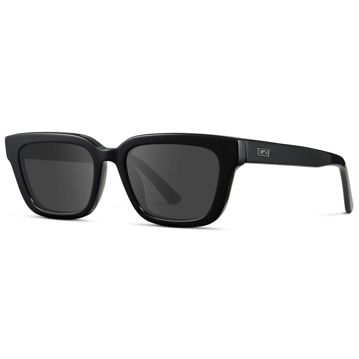 Black / Grey || Side view of Women's Rectangular Prescription Sunglasses with Black Acetate Frame and Grey Prescription Lenses on a white background