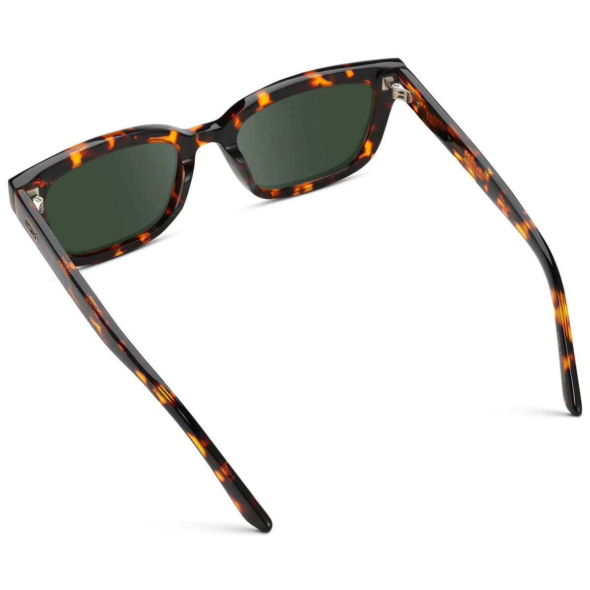Ember Tortoise / G15 || Back view of Women's Rectangular Prescription Sunglasses with Ember Tortoise Acetate Frame and Green Prescription Lenses on a white background