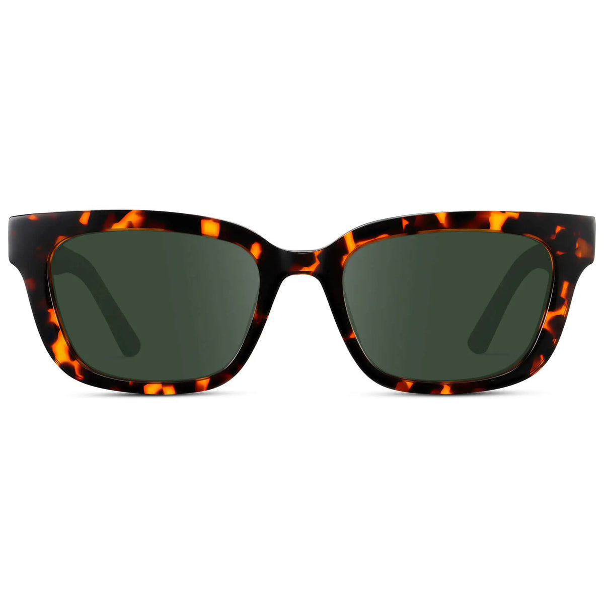 Ember Tortoise / G15 || Women's Rectangular Prescription Sunglasses with Ember Tortoise Acetate Frame and Green Prescription Lenses on a white background