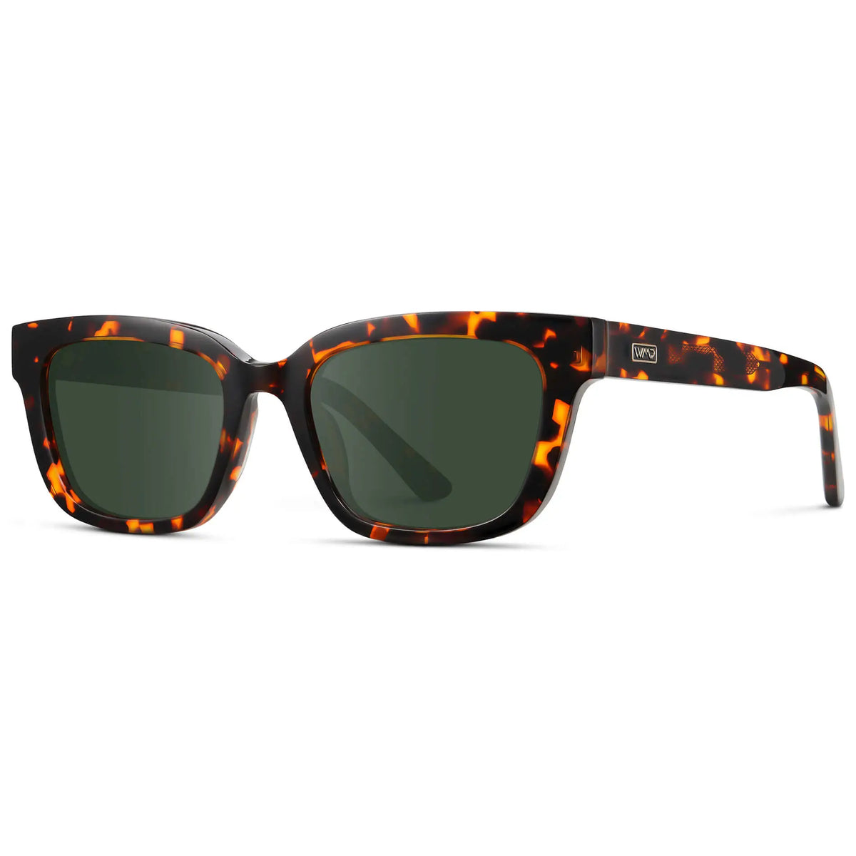 Ember Tortoise / G15 || Side view of Women's Rectangular Prescription Sunglasses with Ember Tortoise Acetate Frame and Green Prescription Lenses on a white background