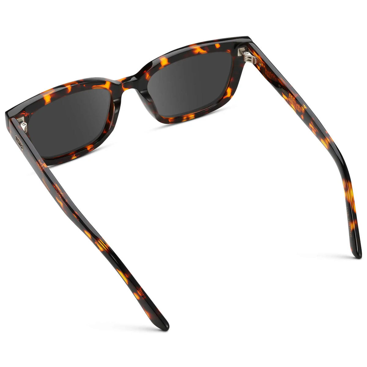 Ember Tortoise / Grey || Back view of Women's Rectangular Prescription Sunglasses with Ember Tortoise Acetate Frame and Grey Prescription Lenses on a white background