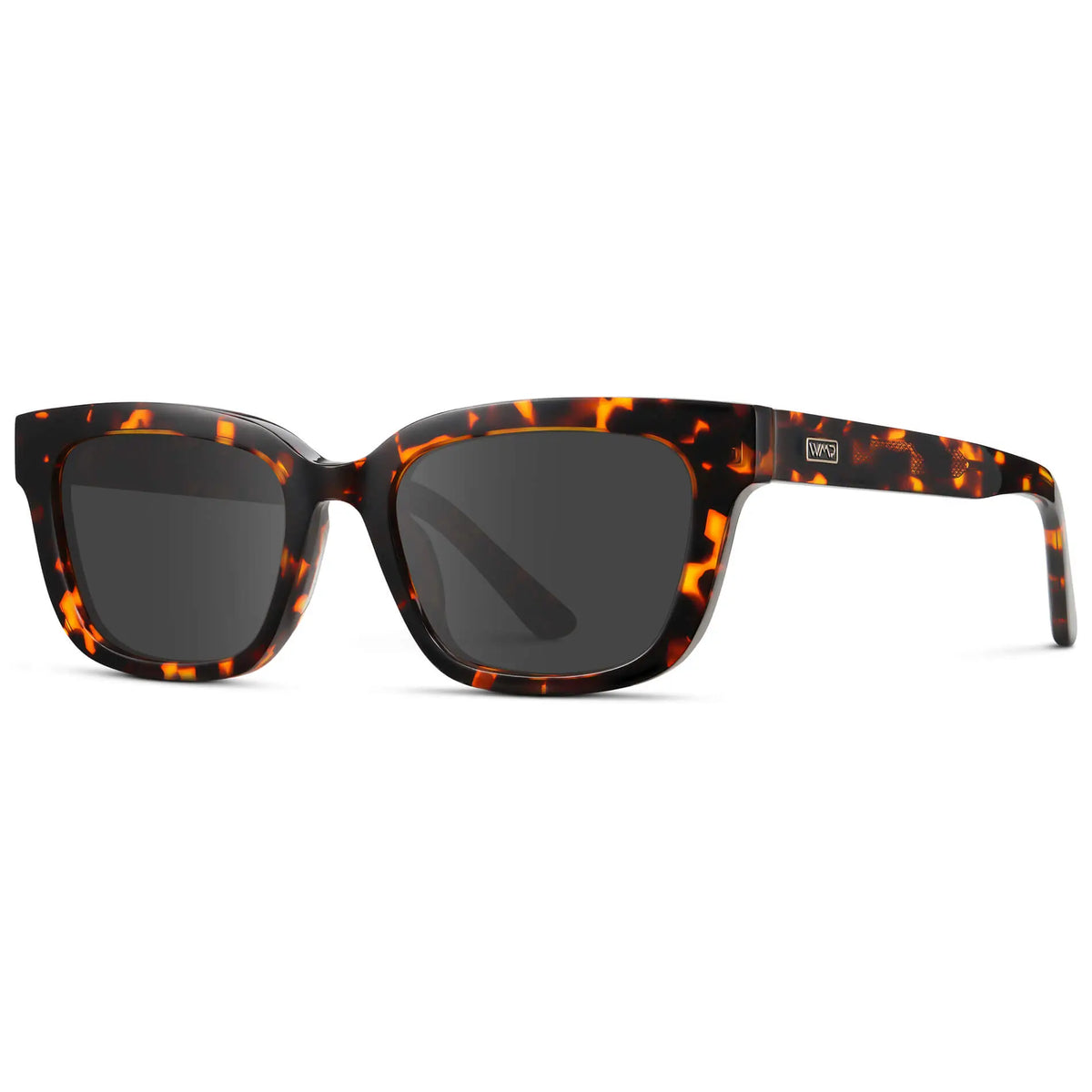 Ember Tortoise / Grey || Side view of Women's Rectangular Prescription Sunglasses with Ember Tortoise Acetate Frame and Grey Prescription Lenses on a white background