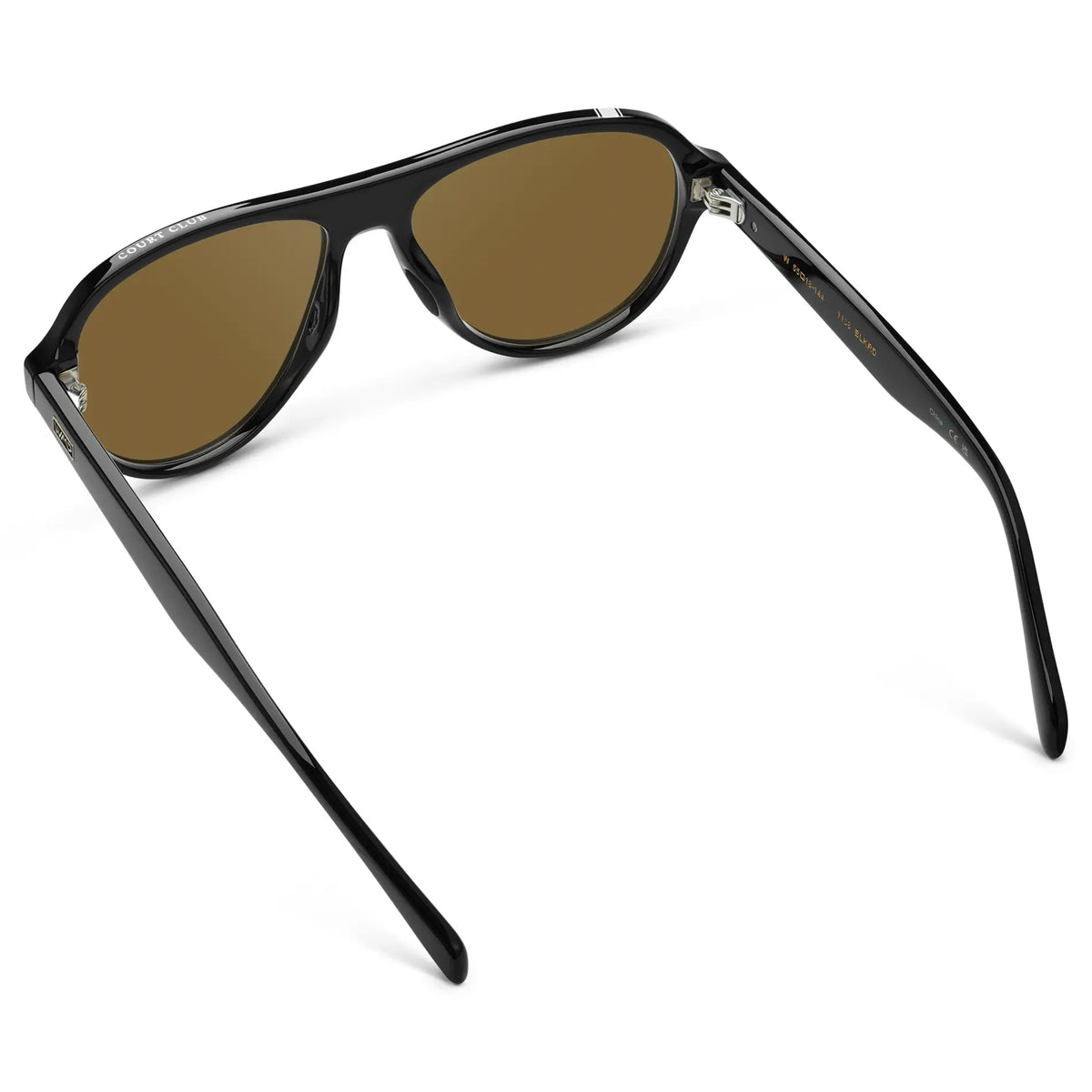 Black / Amber || Back view of Women's Rounded Aviator Prescription Sunglasses with Black Frame and Brown Lenses on a white background