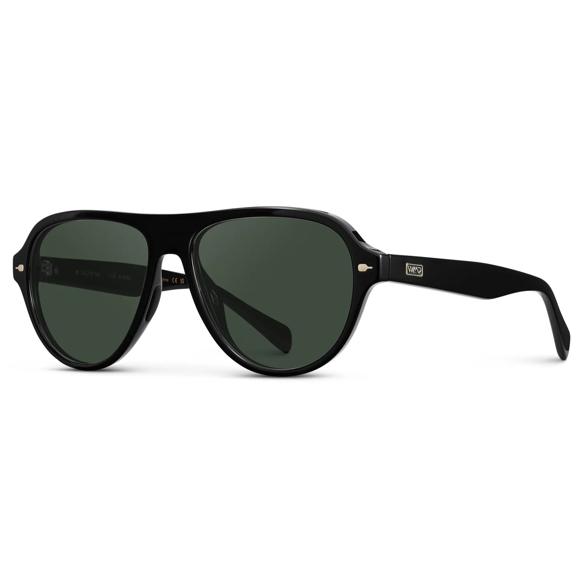 Black / G15 || Side view of Women's Rounded Aviator Prescription Sunglasses with Black Frame and Green Lenses on a white background