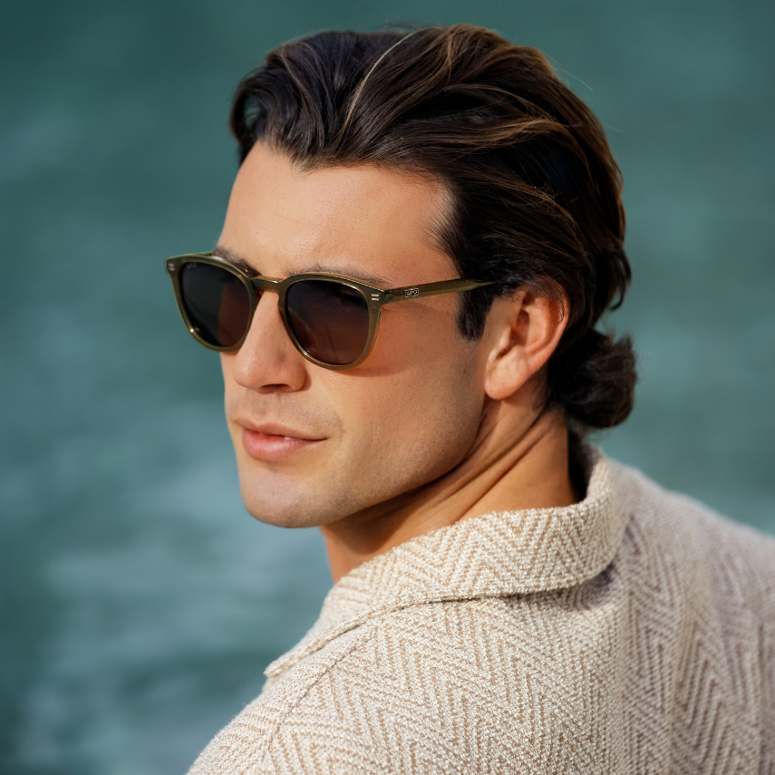 Dark Moss Green / Brown Lens || Men's Rounded Oval Polarized Sunglasses with Green Acetate Frame and Brown Lens