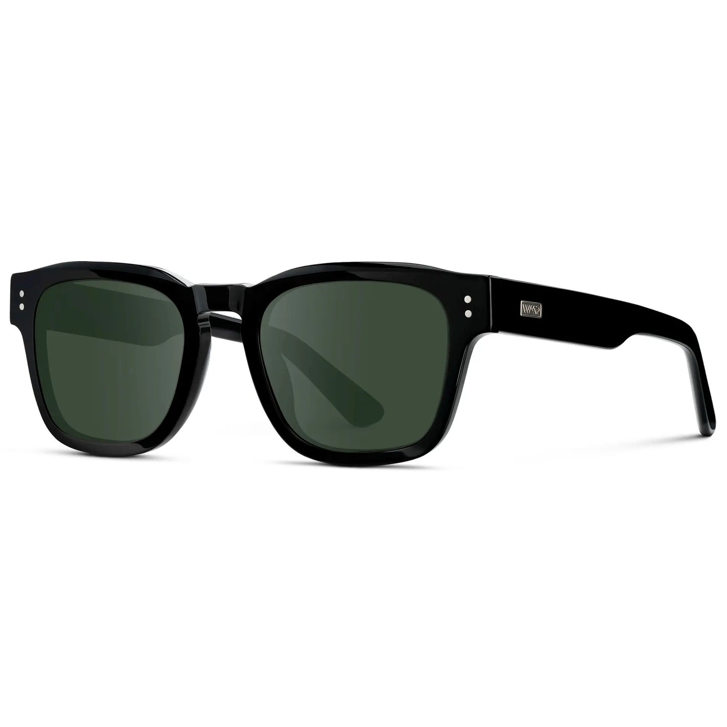 Black / G15 || Side view of Men's Geometric Rectangular Prescription Sunglasses with Black Acetate Frame and Green Prescription Lens