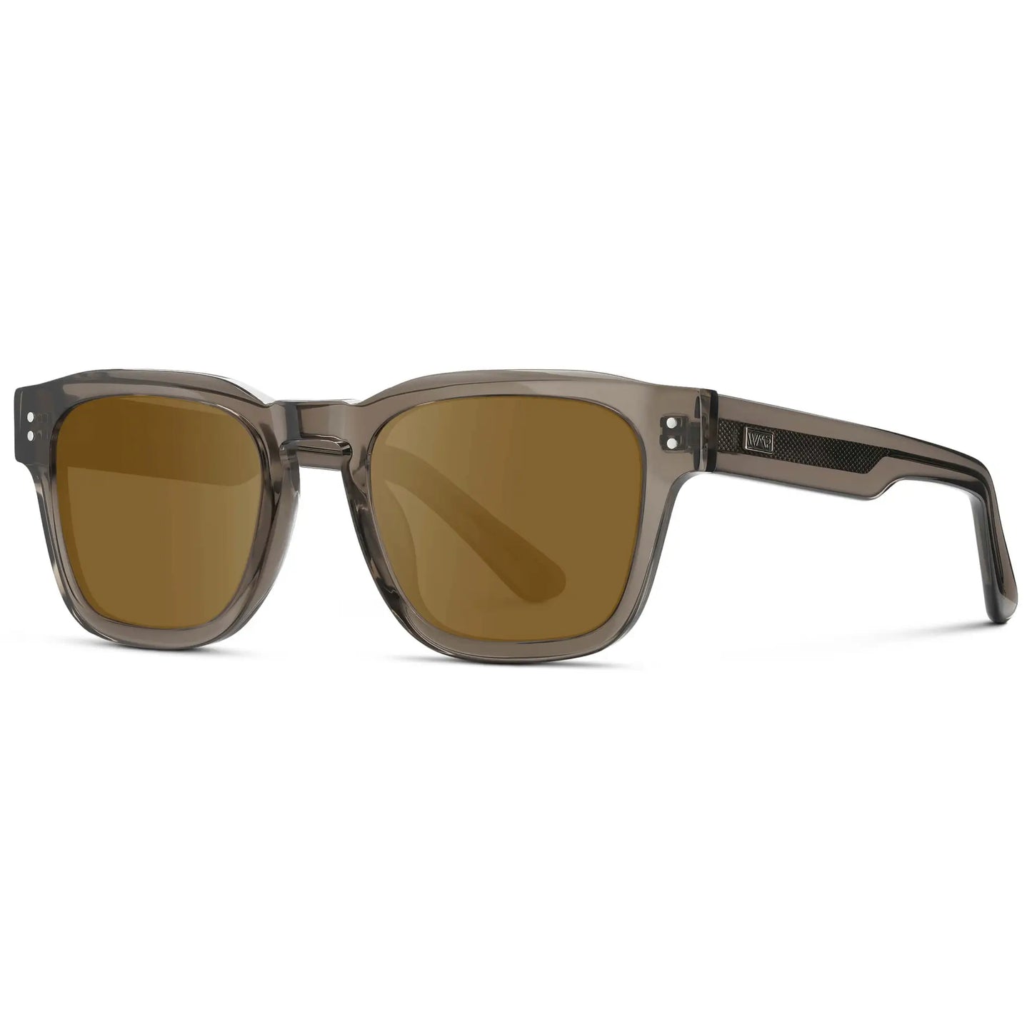 Crystal Gunmetal / Amber || Side view of Men's Geometric Rectangular Prescription Sunglasses with Crystal Gunmetal Acetate Frame and Amber Prescription Lens
