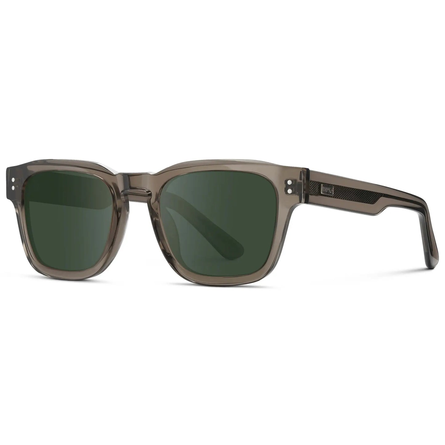 Crystal Gunmetal / G15 || Side view of Men's Geometric Rectangular Prescription Sunglasses with Crystal Gunmetal Acetate Frame and Green Prescription Lens