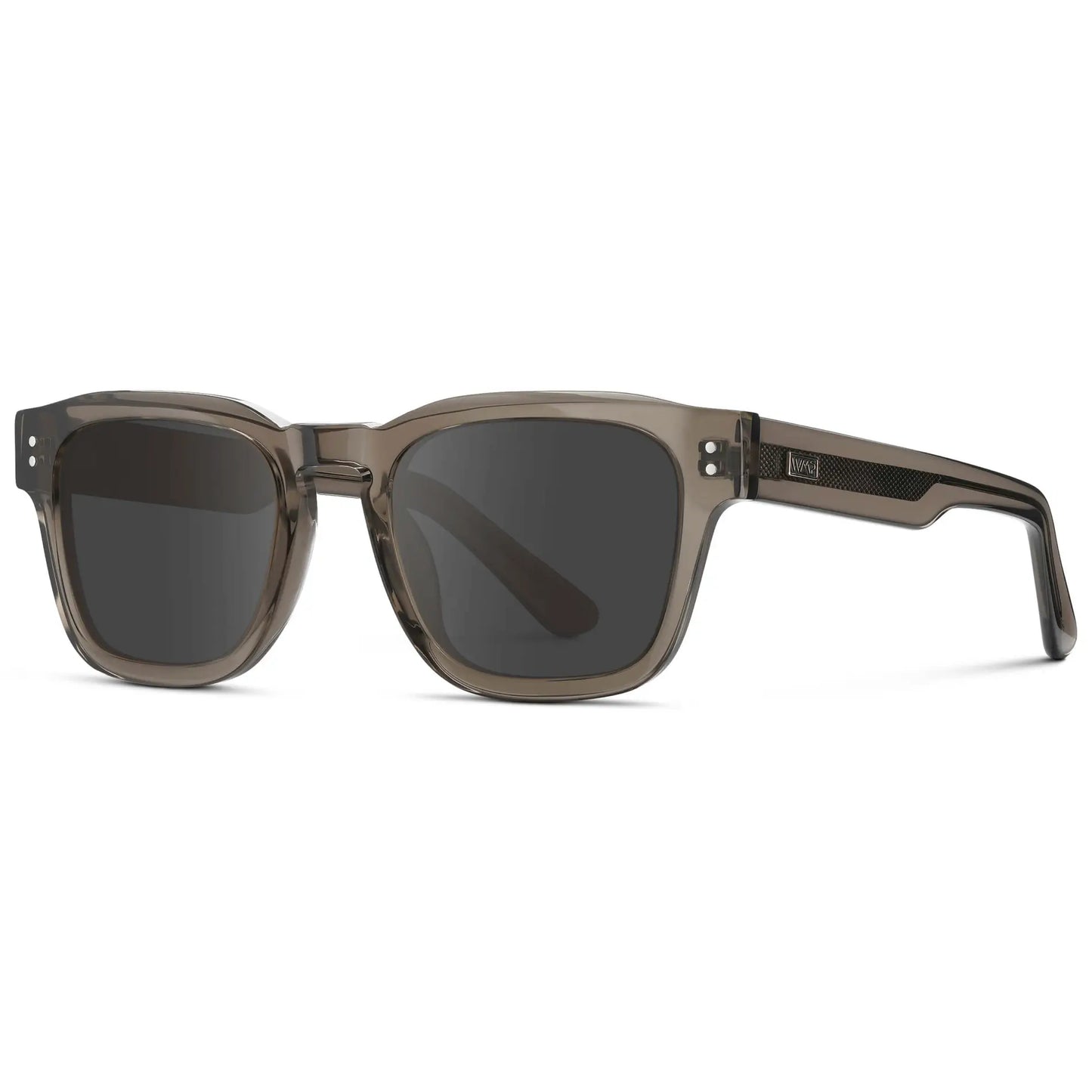 Crystal Gunmetal / Grey || Side view of Men's Geometric Rectangular Prescription Sunglasses with Crystal Gunmetal Acetate Frame and Grey Prescription Lens