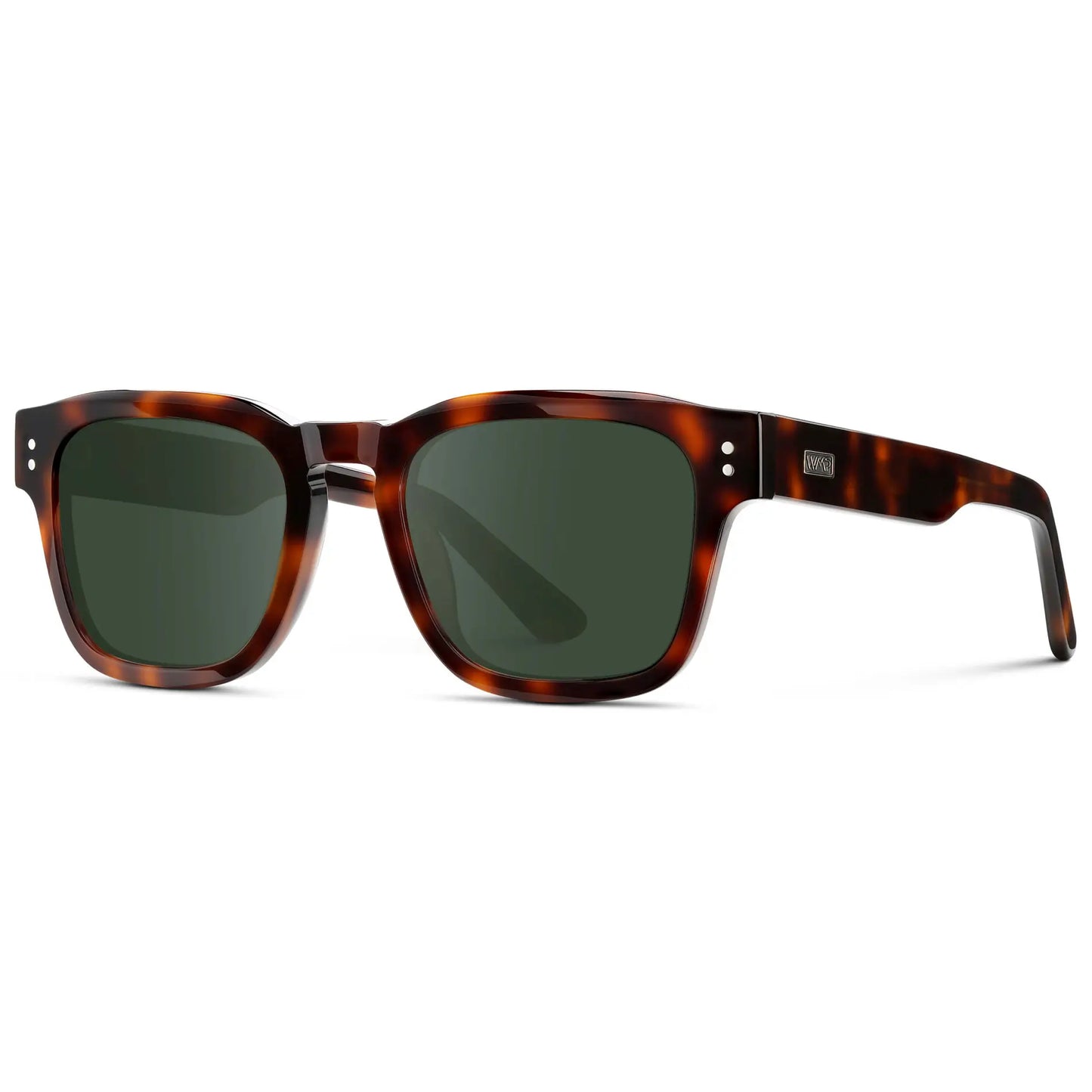 Havana Tortoise / G15 || Side view of Men's Geometric Rectangular Prescription Sunglasses with Havana Tortoise Acetate Frame and Green Prescription Lens
