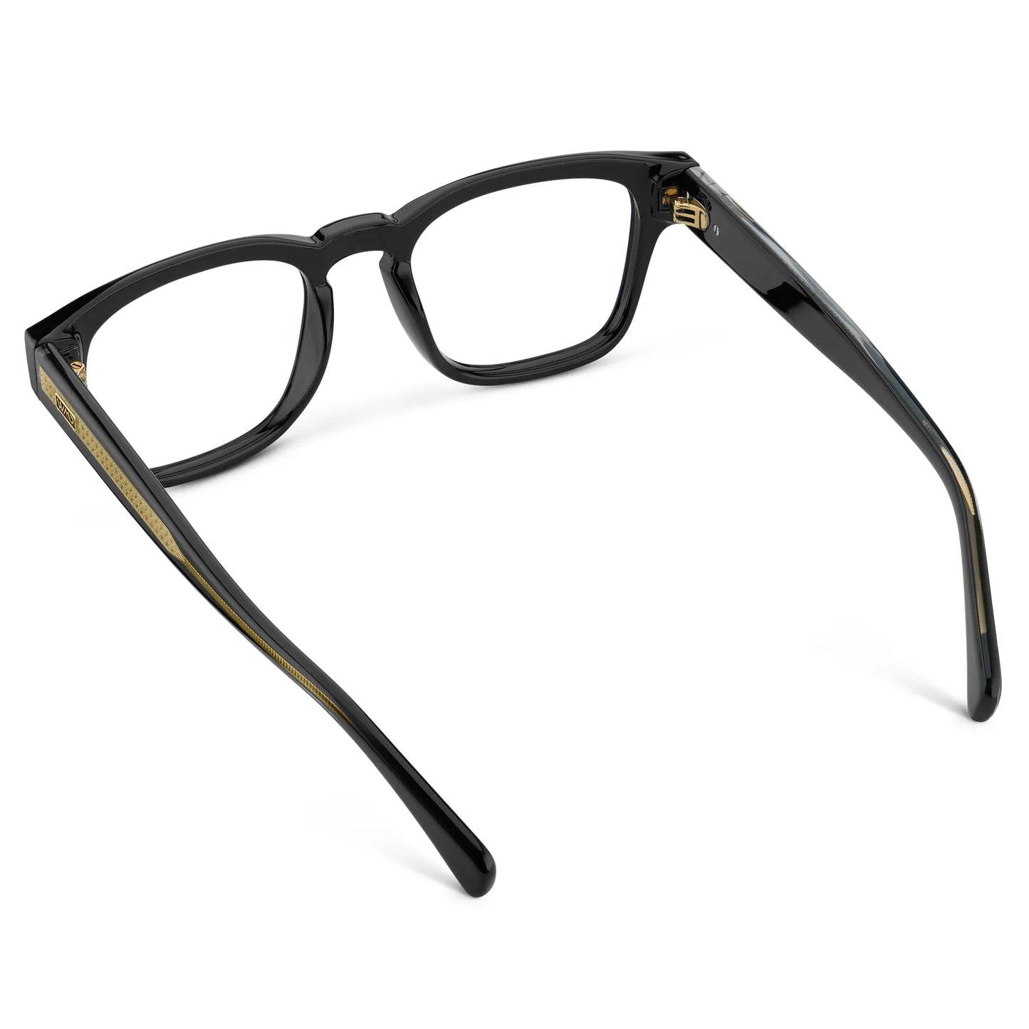 Black Gold || Back view of Men's Geometric Rectangular Prescription Glasses with Black Gold Frame and Clear Prescription Lens on a white background