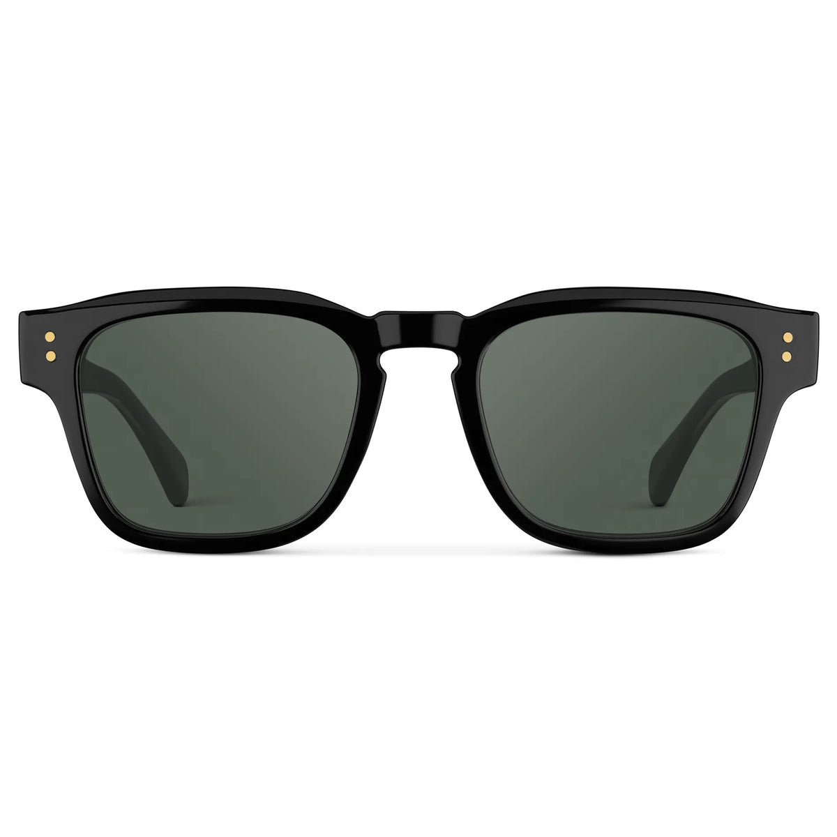 Black Gold / G15 || Front view of Men's Geometric Rectangular Prescription Sunglasses with Black Gold Frame and Green Prescription Lens on a white background