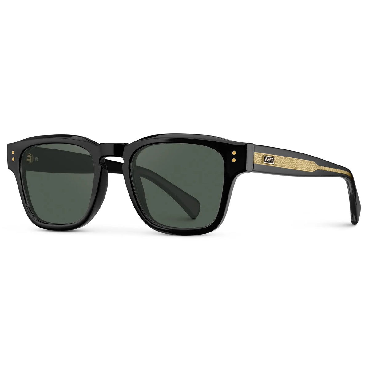 Black Gold / G15 || Side view of Men's Geometric Rectangular Prescription Sunglasses with Black Gold Frame and Green Prescription Lens on a white background