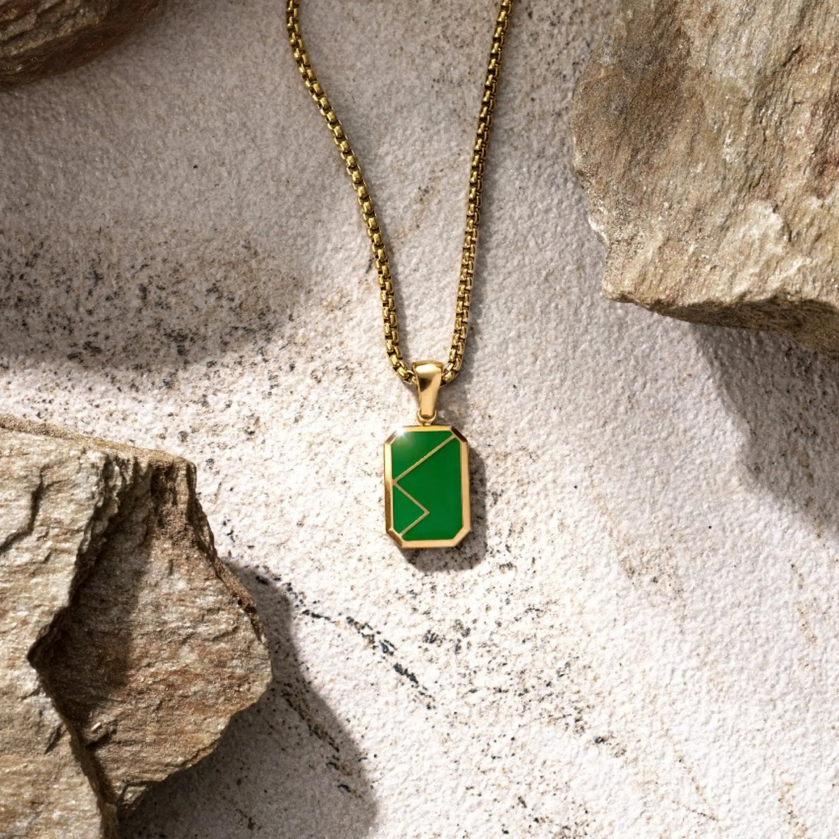 Gold / Napier Green Pendant || Green Porcelain Stone Pendant Necklace with Gold Rolo Box Chain