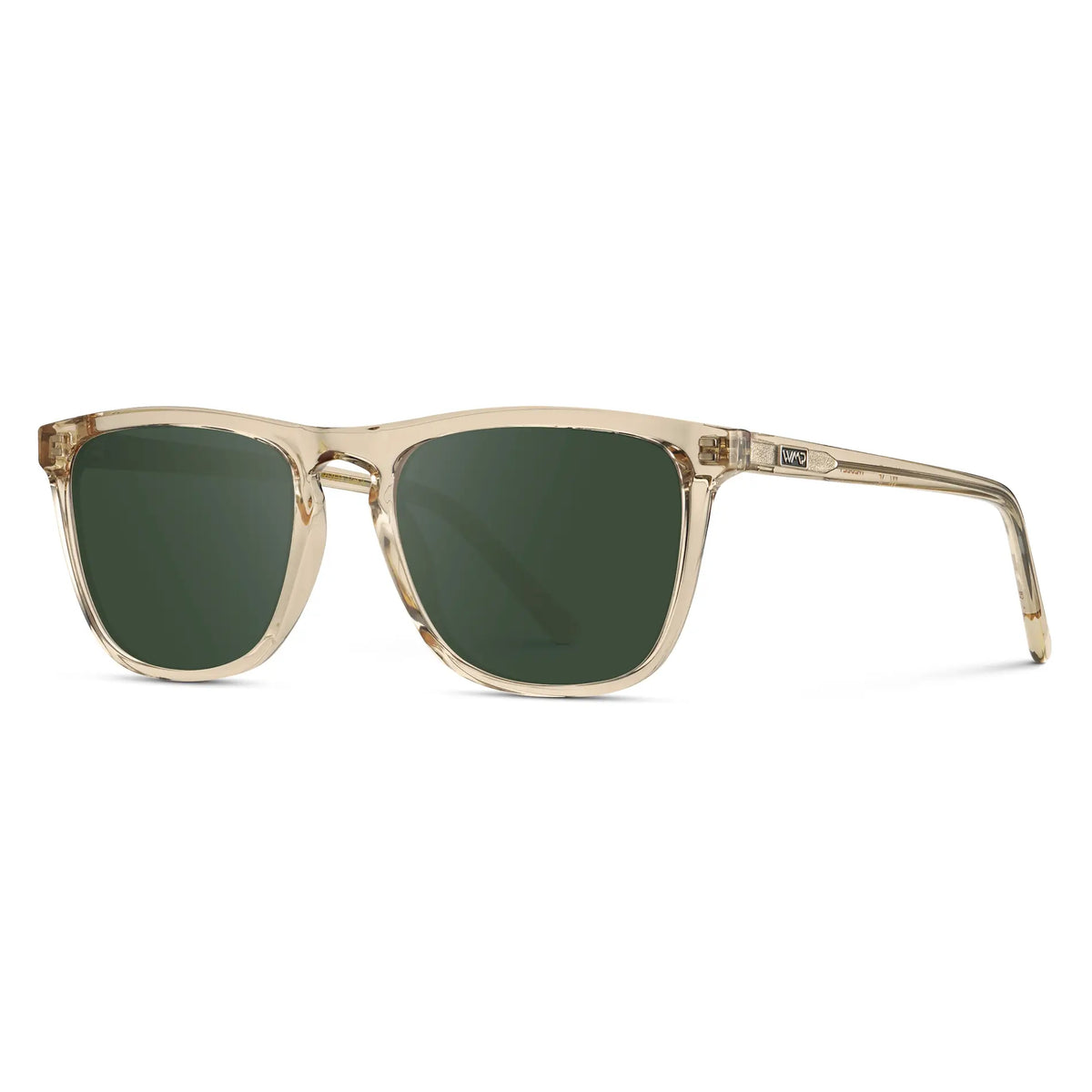 Sand Brown / G15 || Sand Brown Square Frame Prescription Sunglasses with Green Lenses on a white background