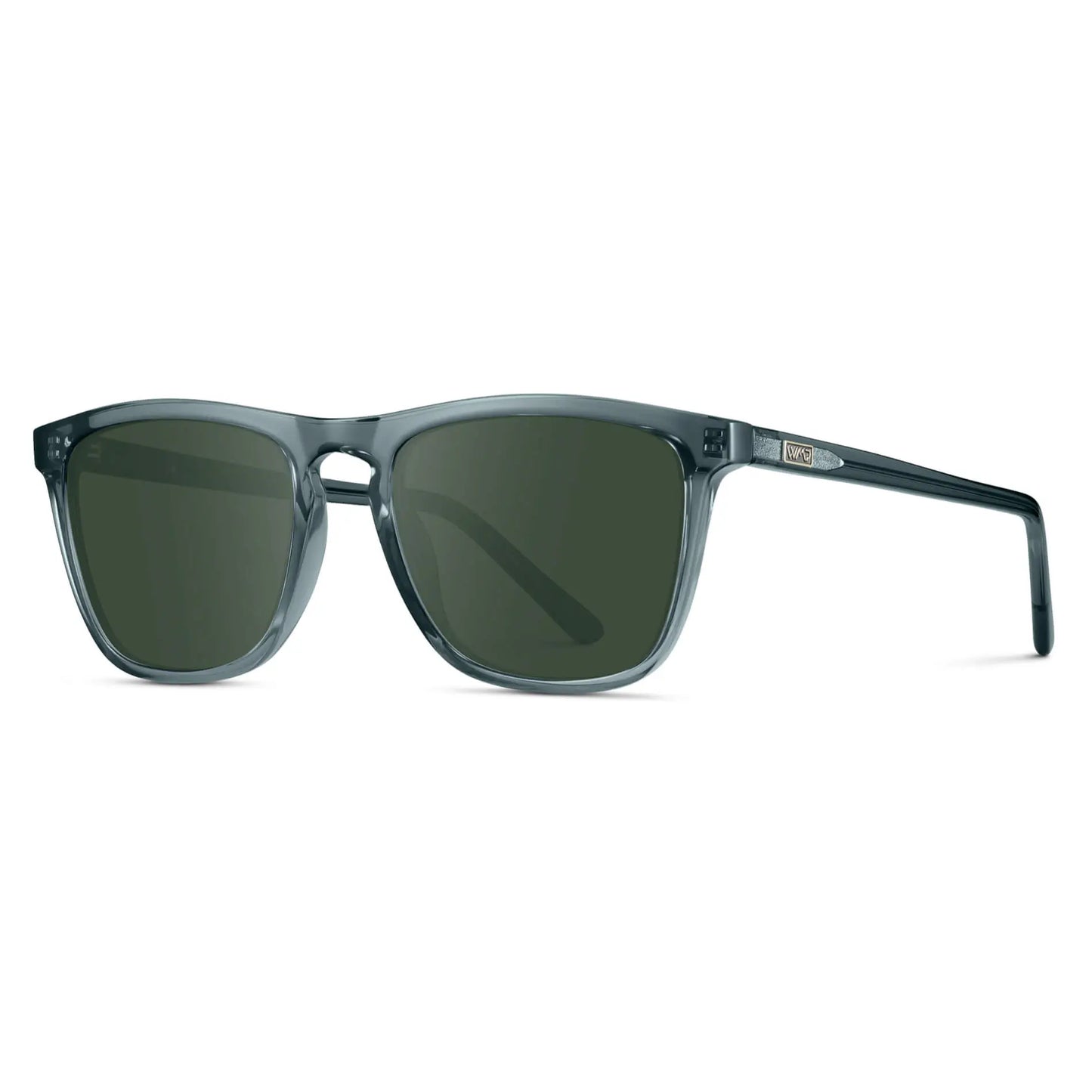 Crystal Stone Blue / G15 || Side view of Men's Square Prescription Sunglasses with Crystal Stone Blue Frame and Green Lenses on a white background