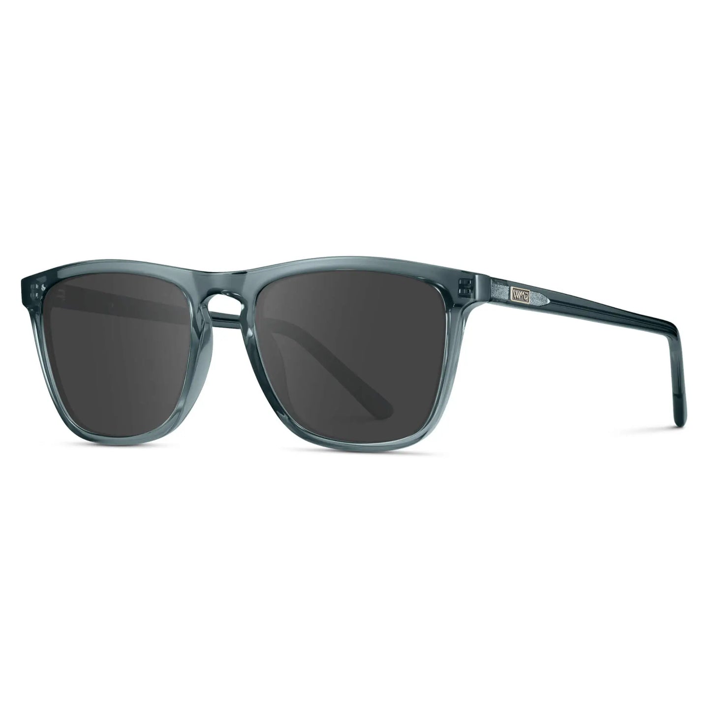 Crystal Stone Blue / Grey || Side view of Men's Square Prescription Sunglasses with Crystal Stone Blue Frame and Grey Lenses on a white background