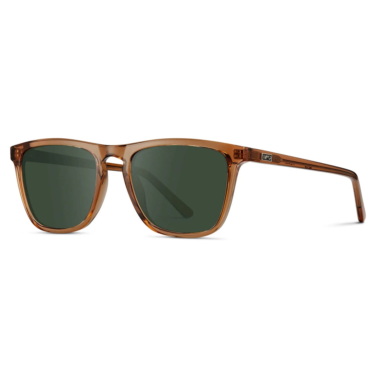 Crystal Brown / G15 || Side view of Men's Square Prescription Sunglasses with Crystal Brown Frame and Green Lenses on a white background
