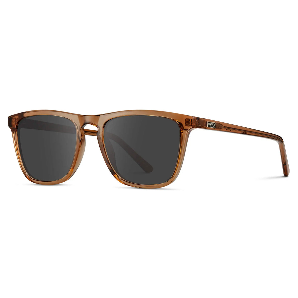 Crystal Brown / Grey || Side view of Men's Square Prescription Sunglasses with Crystal Brown Frame and Grey Lenses on a white background
