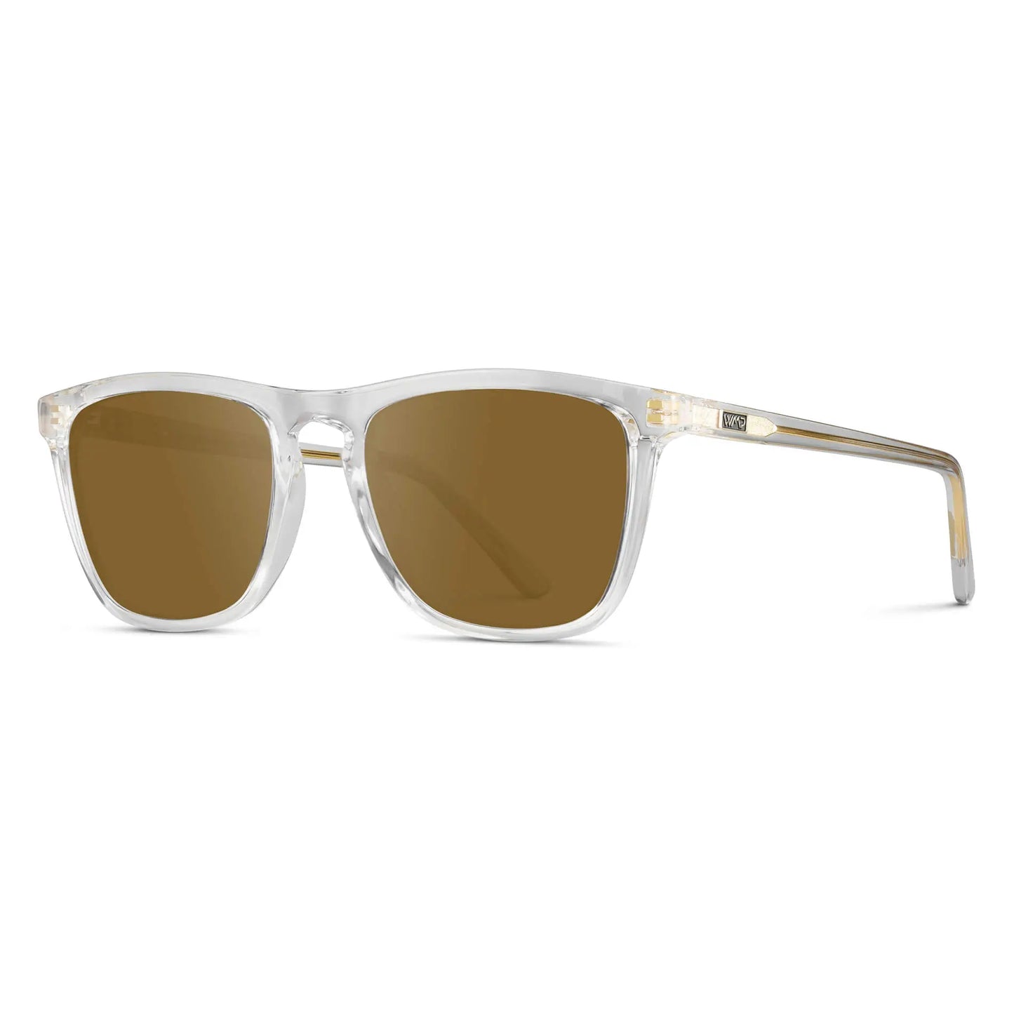 Clear / Amber || Side view of Men's Square Prescription Sunglasses with Clear Frame and Amber Lenses on a white background