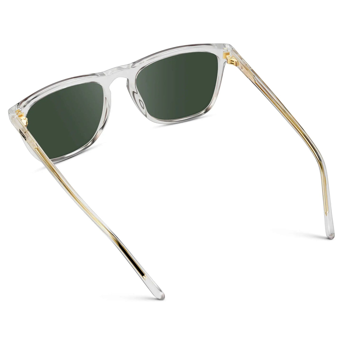 Clear / G15 || Back view of Men's Square Prescription Sunglasses with Clear Frame and Green Lenses on a white background