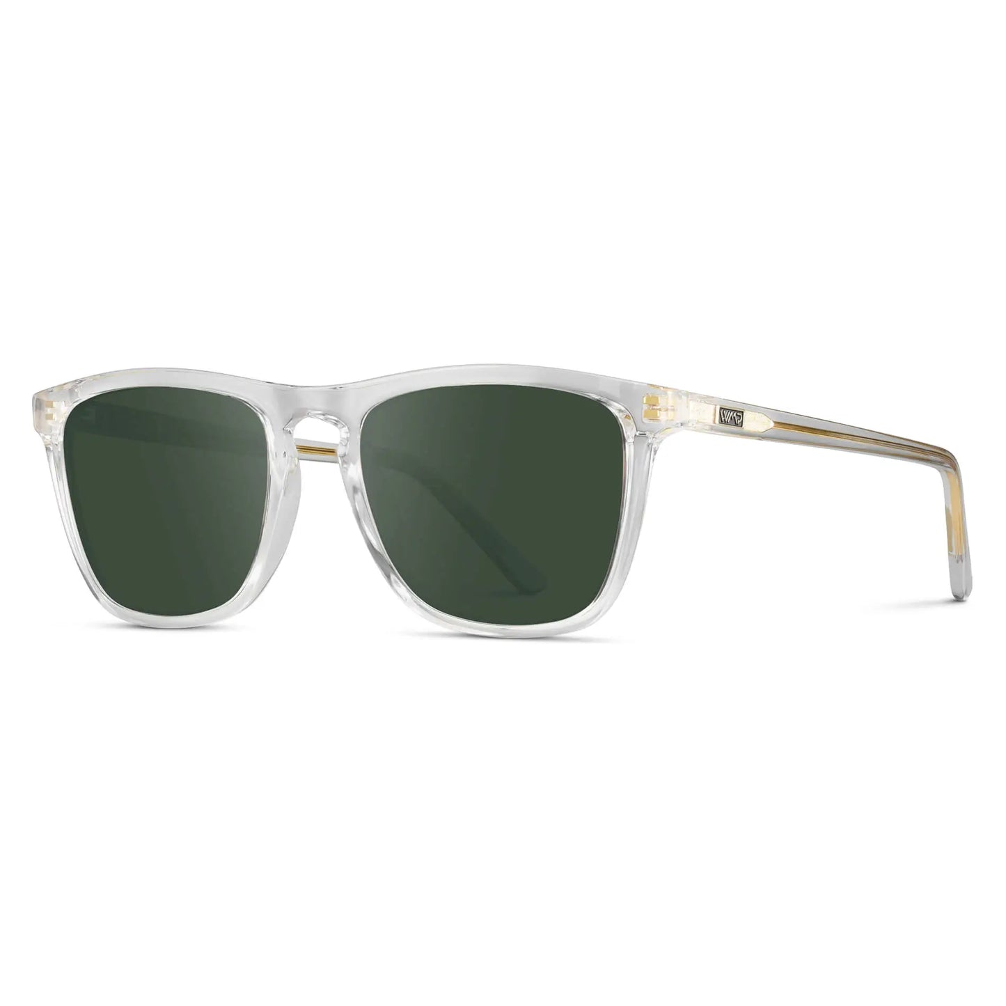 Clear / G15 || Side view of Men's Square Prescription Sunglasses with Clear Frame and Green Lenses on a white background