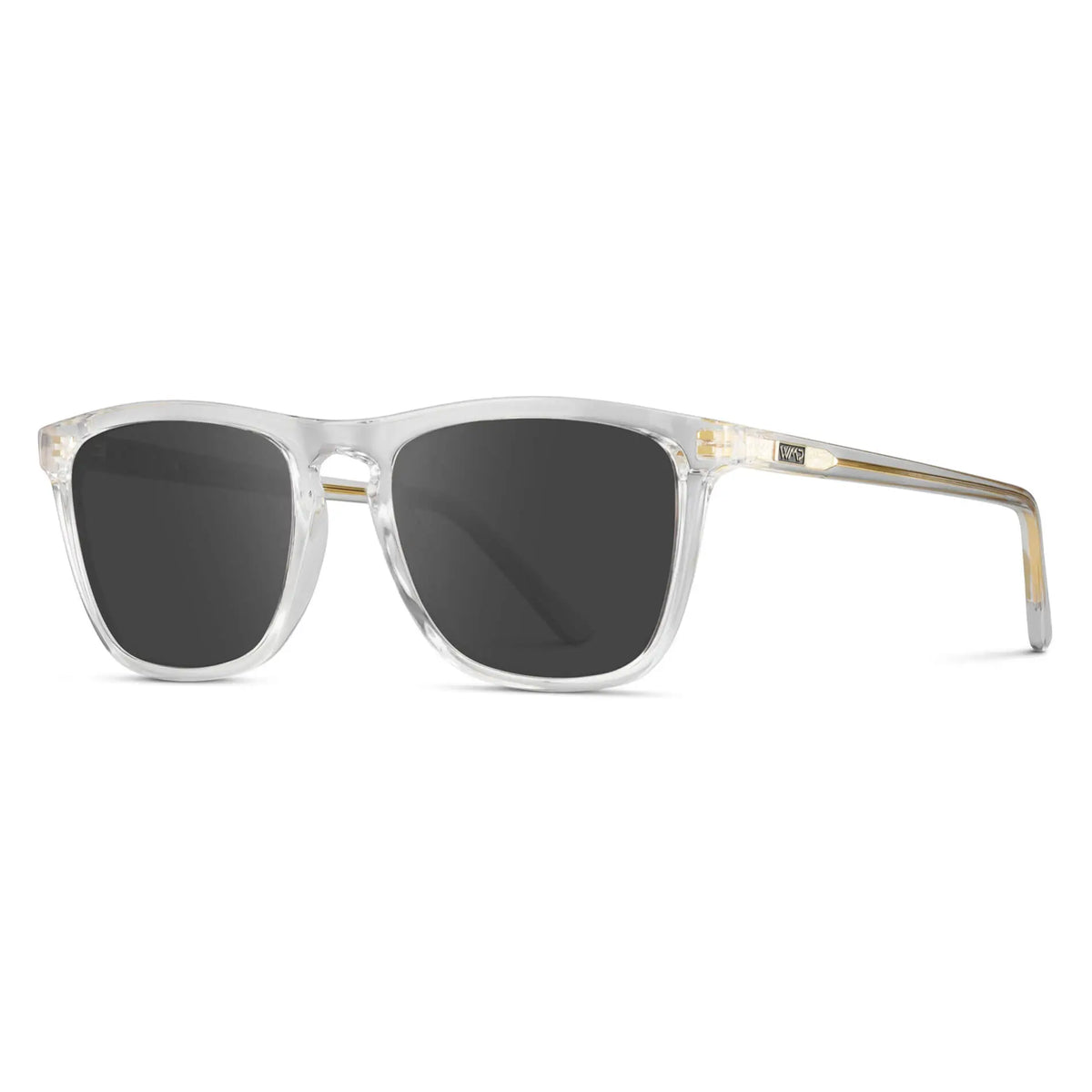Clear / Grey || Side view of Men's Square Prescription Sunglasses with Clear Frame and Grey Lenses on a white background