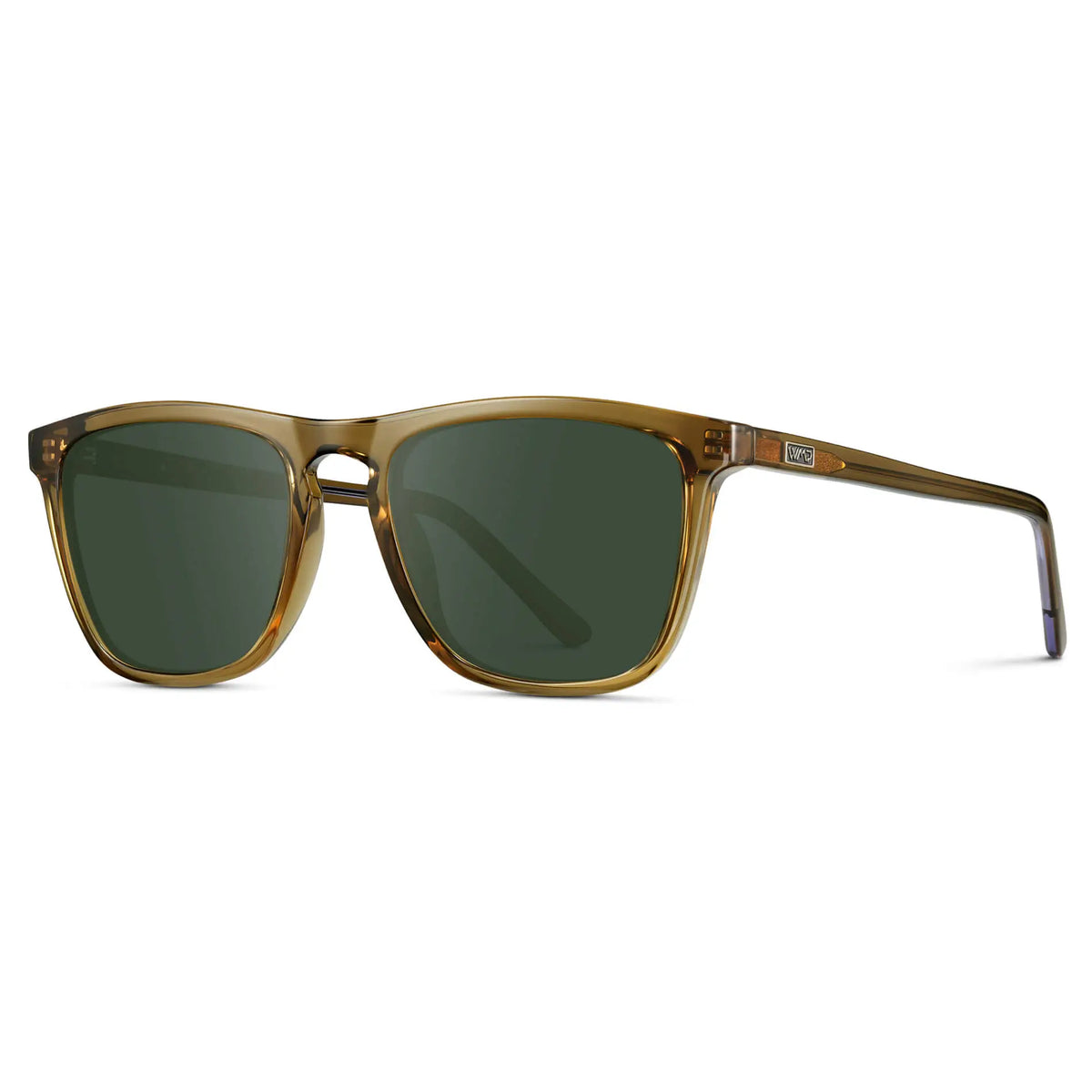 Crystal Verde / G15 || side view of Men's Square Prescription Sunglasses with Crystal Verde Frame and Green Lenses on a white background