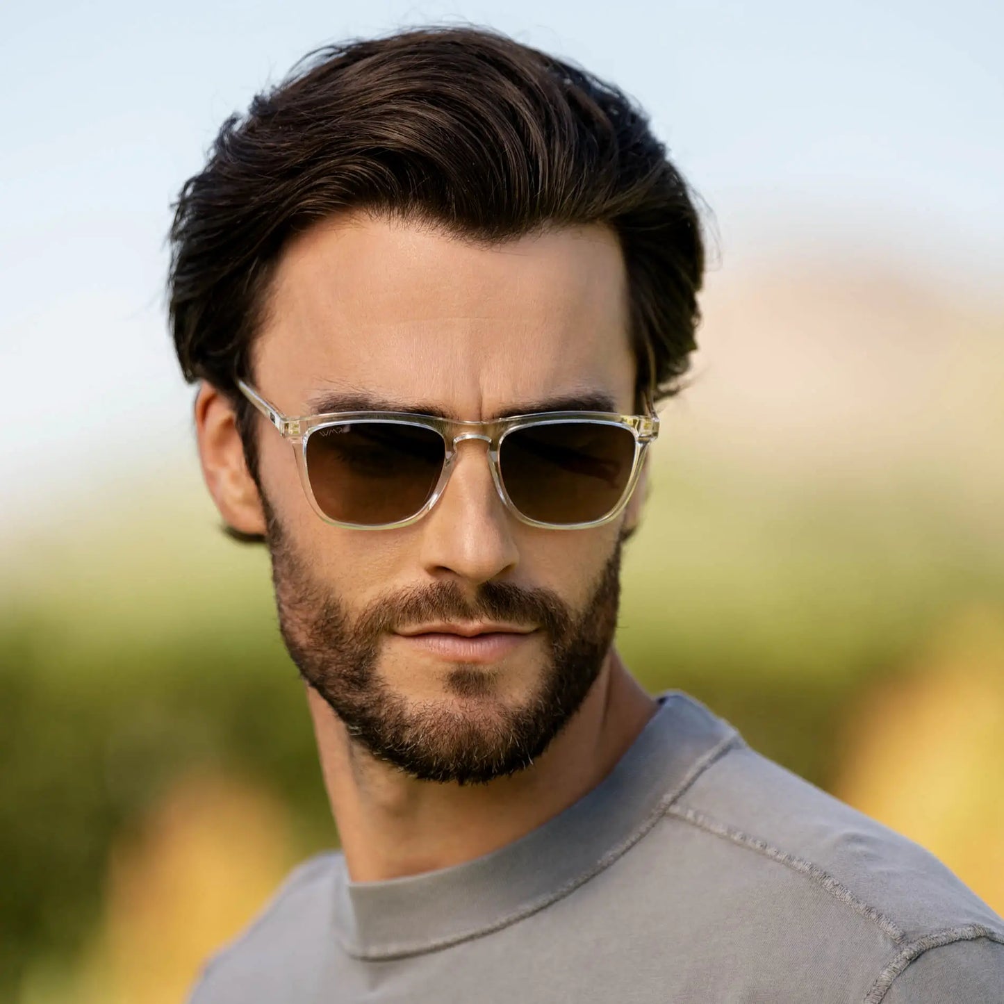 Clear / Brown Gold Gradient Lens || Clear Classic Square Frame Sunglasses with Brown Gold Polarized Gradient Lenses