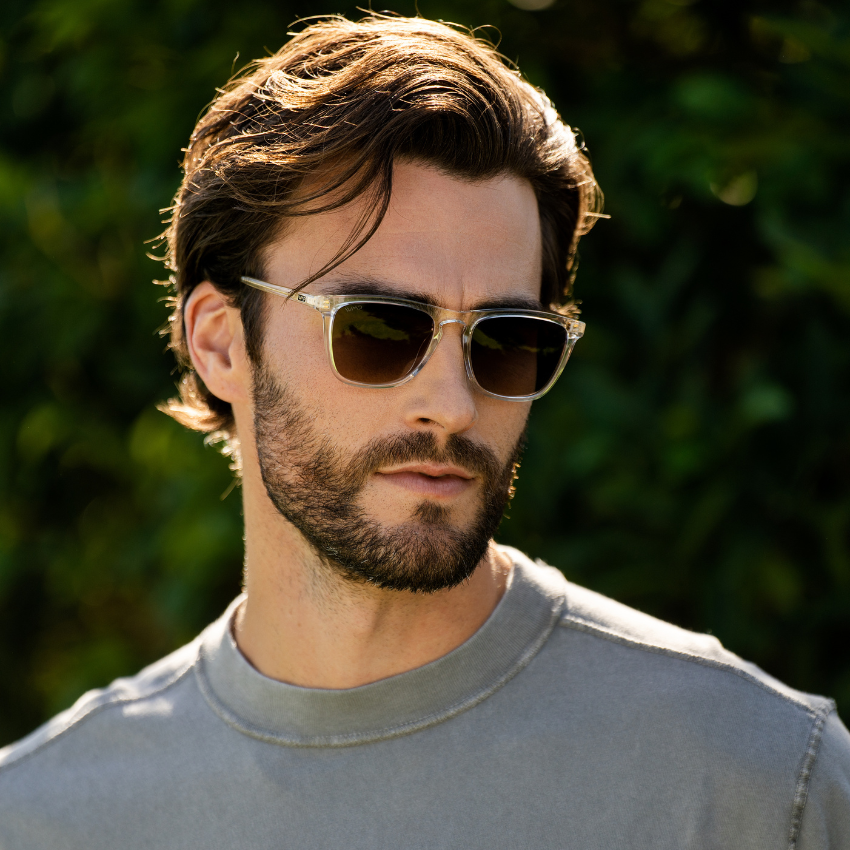 Clear / Brown Gold Gradient Lens || Clear Classic Square Frame Sunglasses with Brown Gold Polarized Gradient Lenses