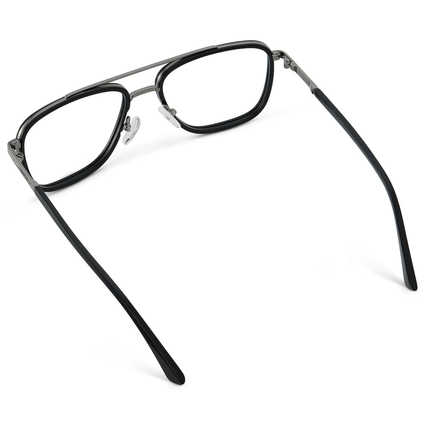 Black || Back view of Men's Metal Double Bridge Aviator Prescription Glasses with Black frame and Clear Lens on a white background