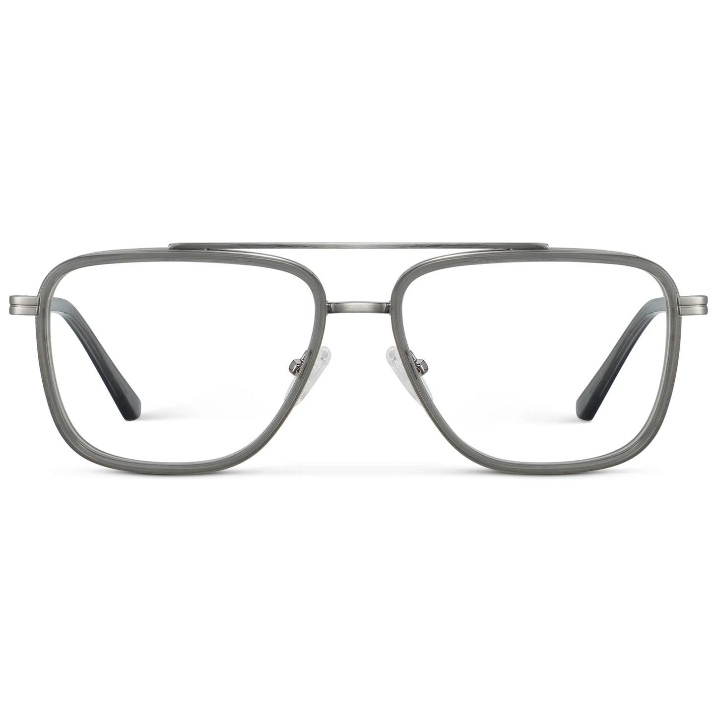 Smoke Grey || Men's Metal Double Bridge Aviator Prescription Glasses with Smoke Grey frame and Clear Lens on a white background