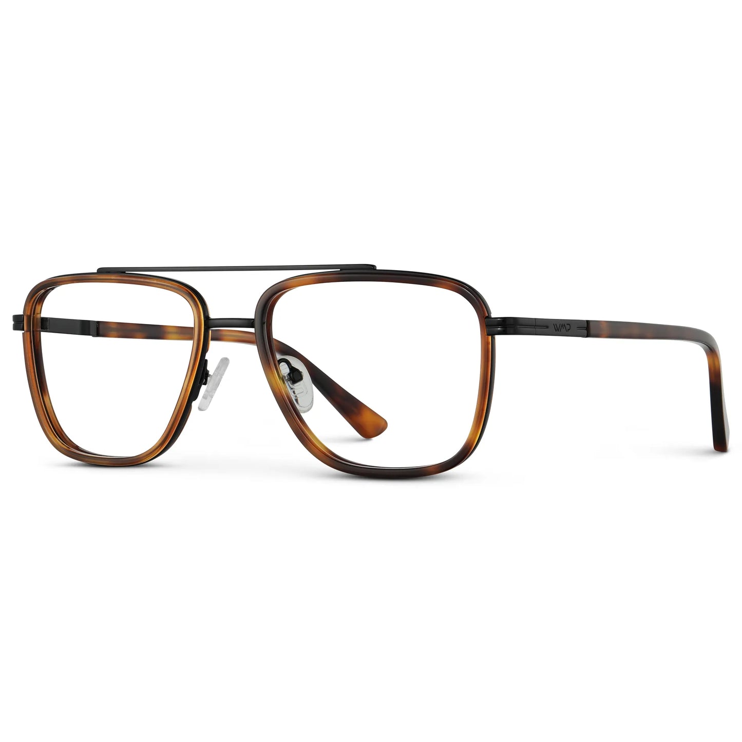 Brown Tortoise || Side view of Men's Metal Double Bridge Aviator Prescription Glasses with Brown Tortoise frame and Clear Lens on a white background