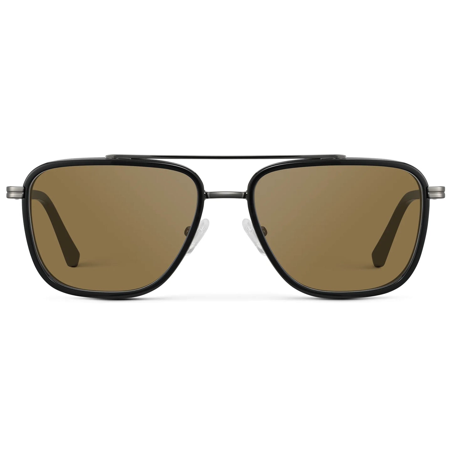 Black / Amber || Men's Metal Double Bridge Aviator Prescription Sunglasses with Black frame and Brown Lens on a white background