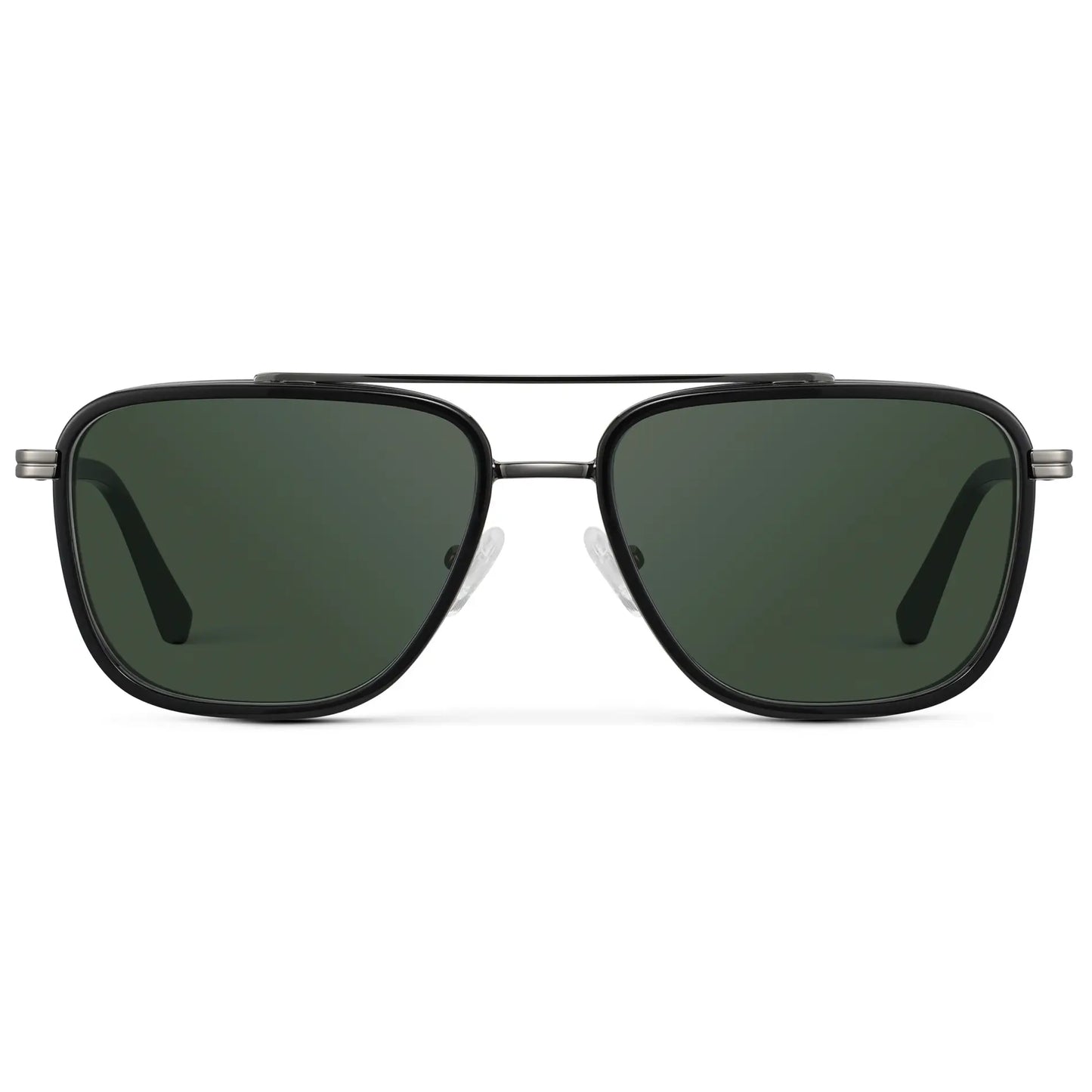 Black / G15 || Men's Metal Double Bridge Aviator Prescription Sunglasses with Black frame and Green Lens on a white background