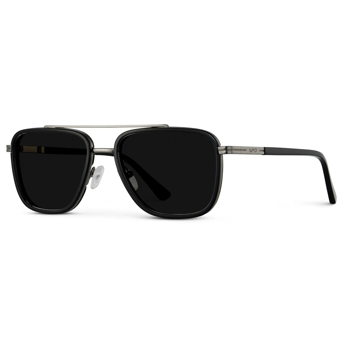 Black / Triple Black Lens || Side view of Men's Aviator Sunglasses with Black frame and Triple Black Lens on a white background