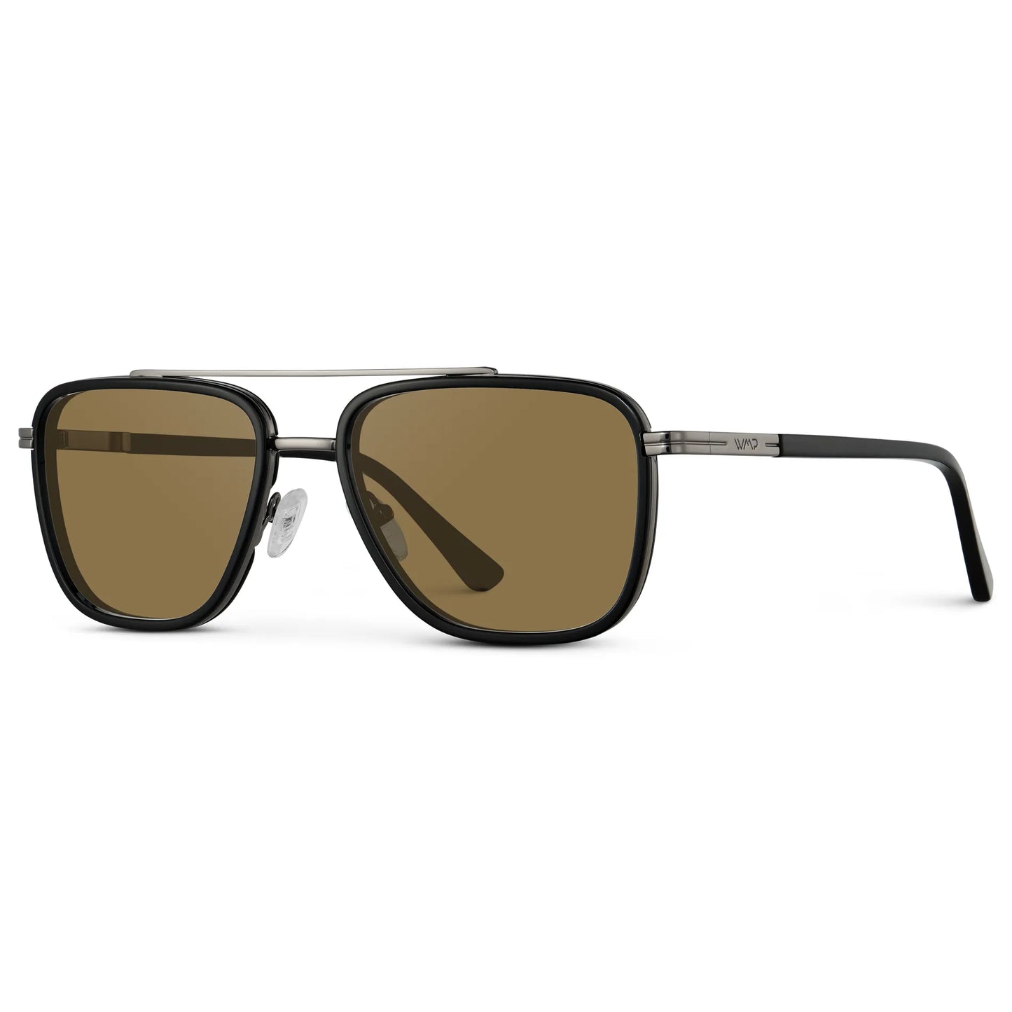 Black / Amber || Side view of Men's Metal Double Bridge Aviator Prescription Sunglasses with Black frame and Brown Lens on a white background