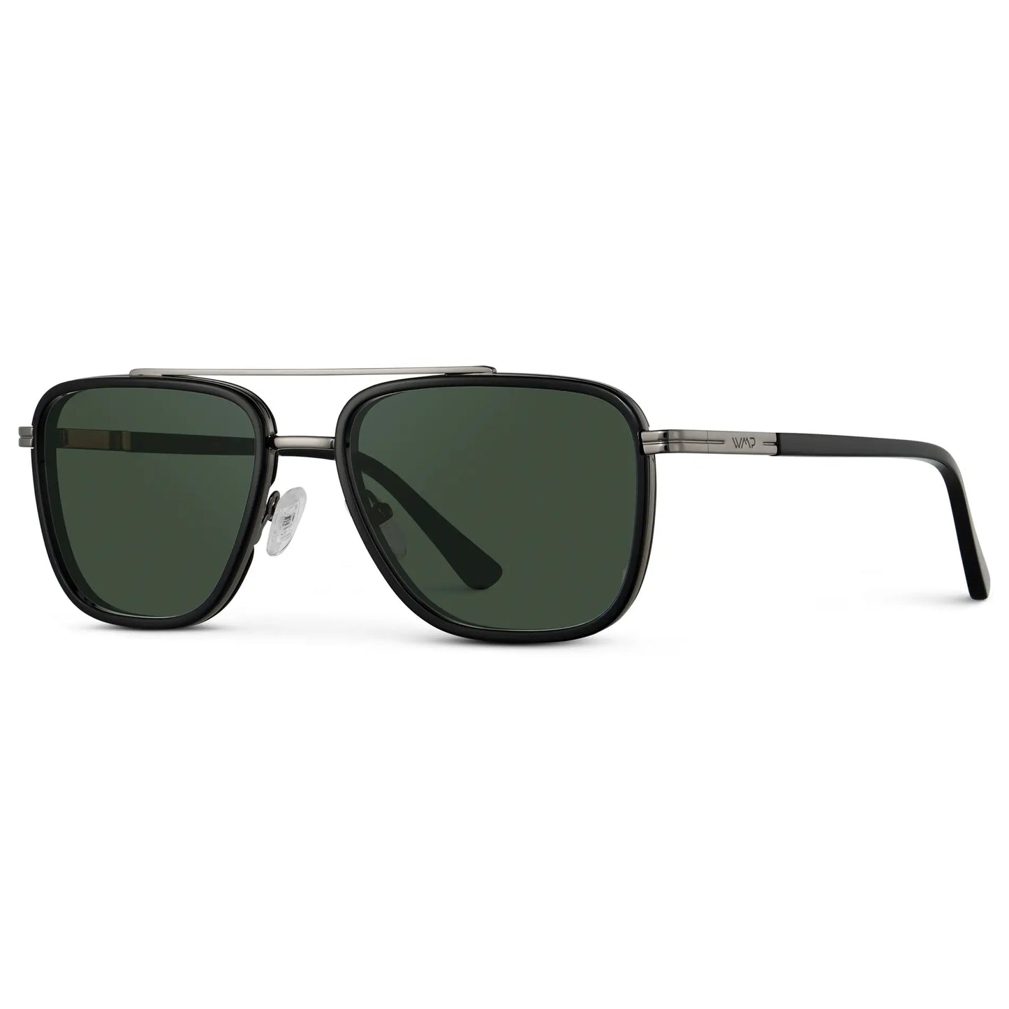 Black / G15 || Side view of Men's Metal Double Bridge Aviator Prescription Sunglasses with Black frame and Green Lens on a white background