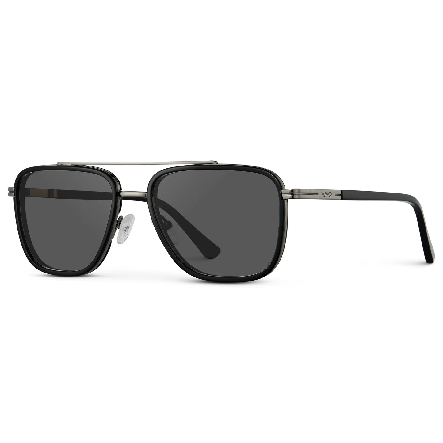 Black / Grey || Side view of Men's Metal Double Bridge Aviator Prescription Sunglasses with Black frame and Grey Lens on a white background