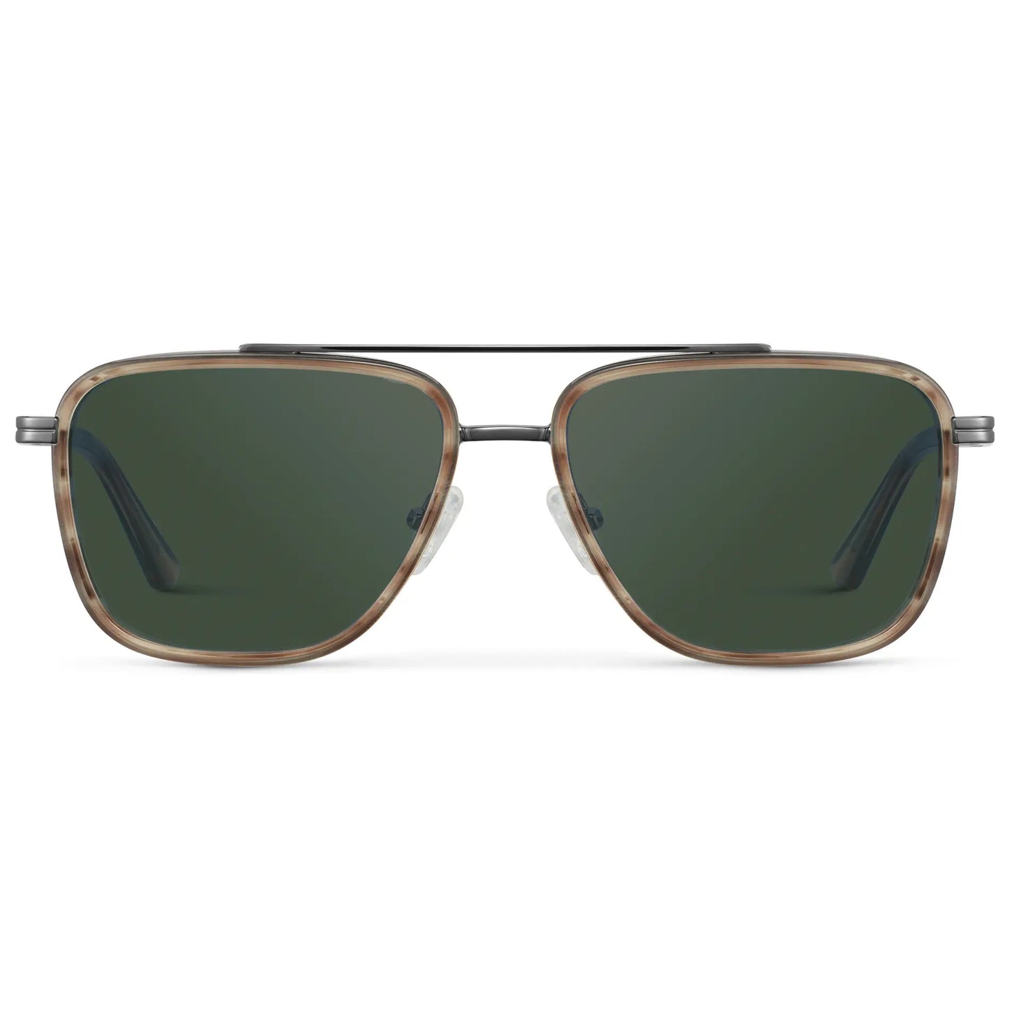 Timber Brown / G15 || Men's Metal Double Bridge Aviator Prescription Sunglasses with Timber Brown frame and Green Lens on a white background