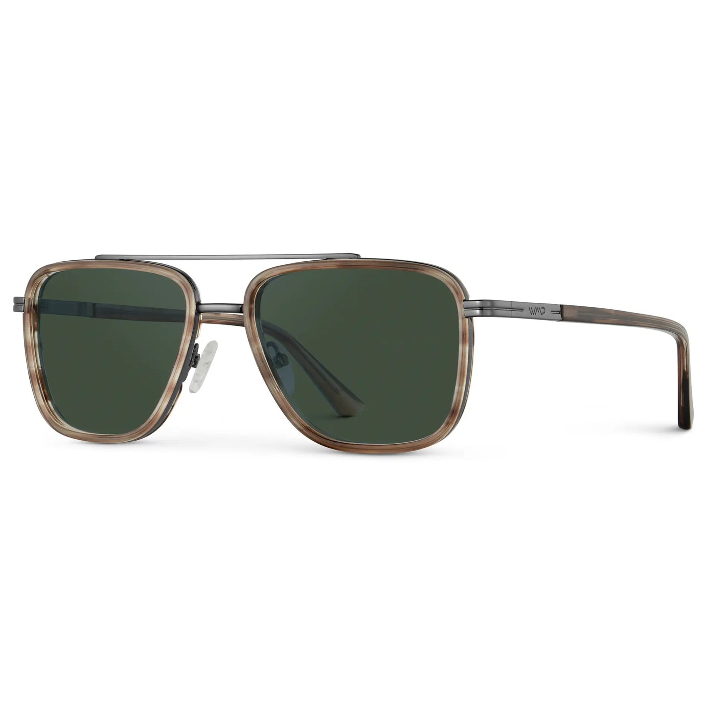 Timber Brown / G15 || Side view of Men's Metal Double Bridge Aviator Prescription Sunglasses with Timber Brown frame and Green Lens on a white background