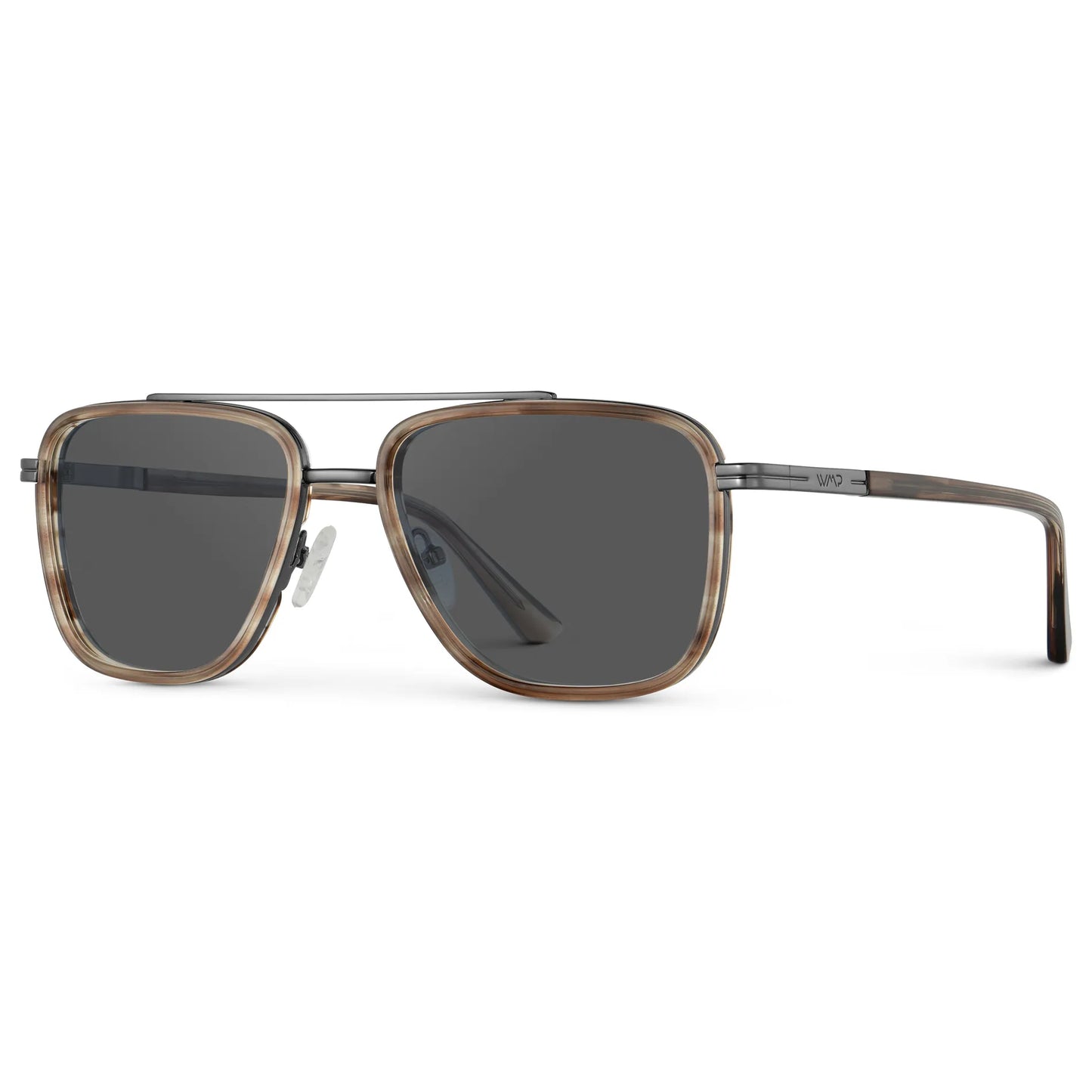 Timber Brown / Grey || Side view of Men's Metal Double Bridge Aviator Prescription Sunglasses with Timber Brown frame and Grey Lens on a white background