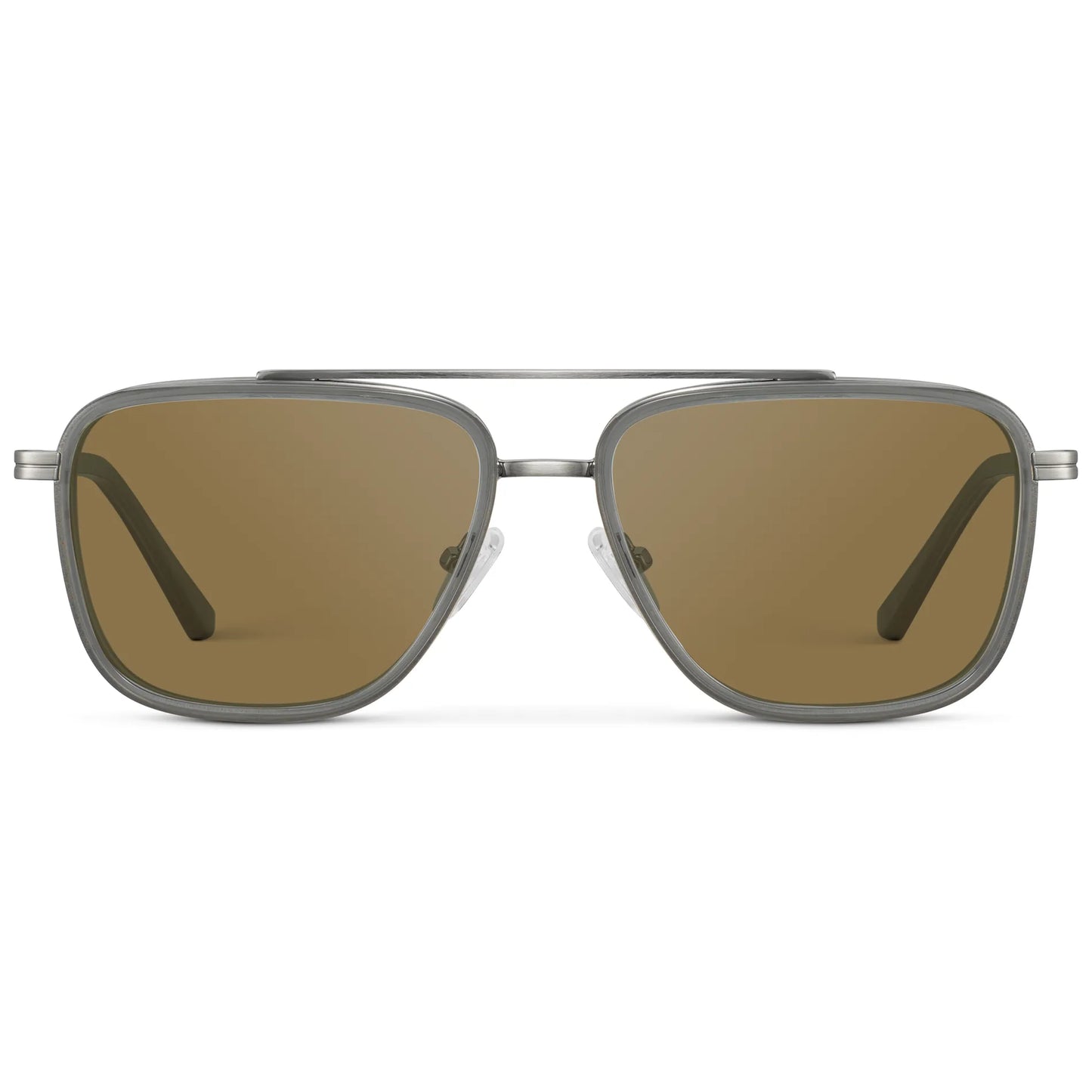 Smoke Grey / Amber || Men's Metal Double Bridge Aviator Prescription Sunglasses with Smoke Grey frame and Brown Lens on a white background