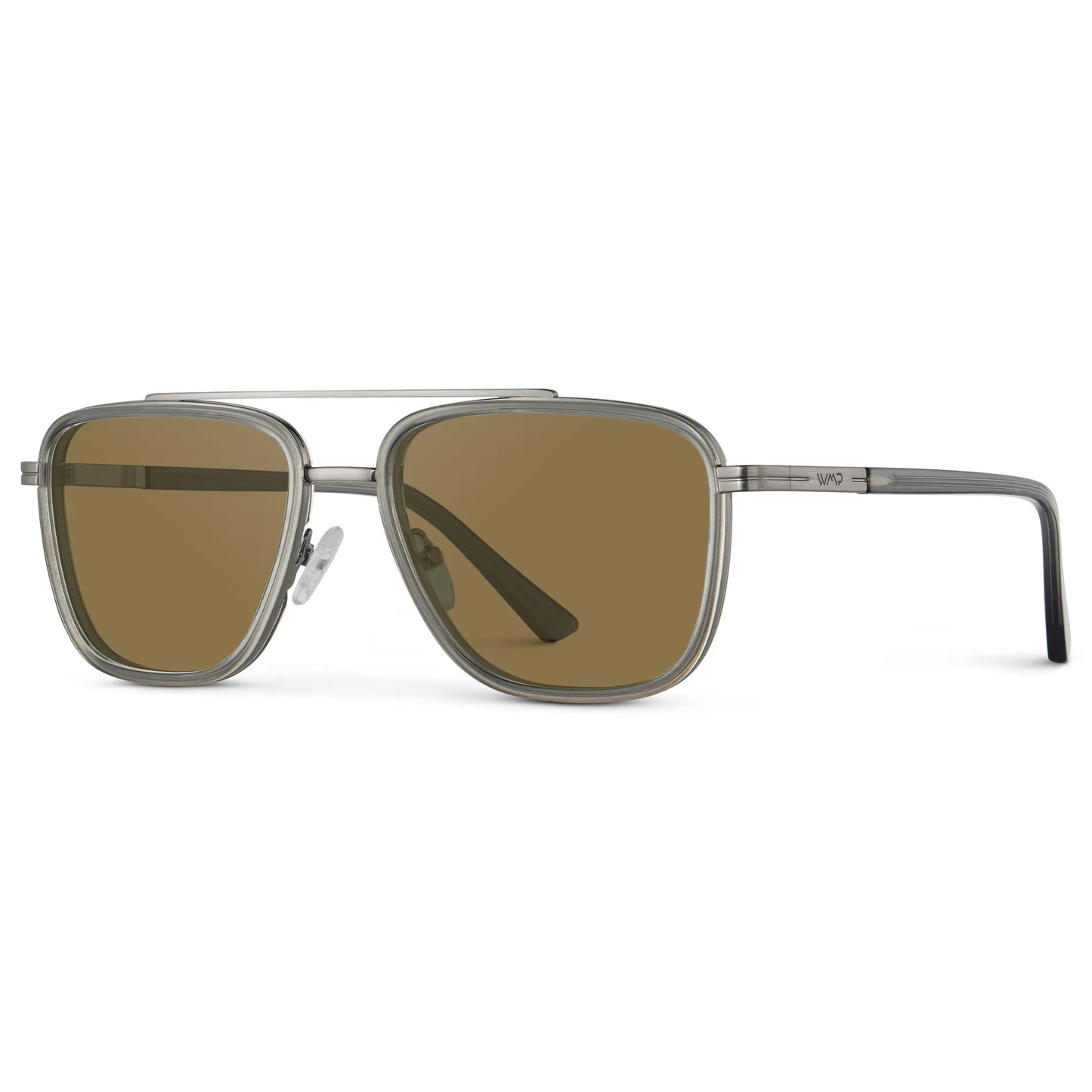 Smoke Grey / Amber || Side view of Men's Metal Double Bridge Aviator Prescription Sunglasses with Smoke Grey frame and Brown Lens on a white background